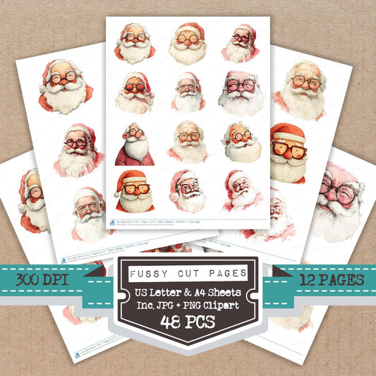 Christmas Watercolour Retro Santa fussy cut printable sheets for junk journaling, scrapbooking, and paper craft projects