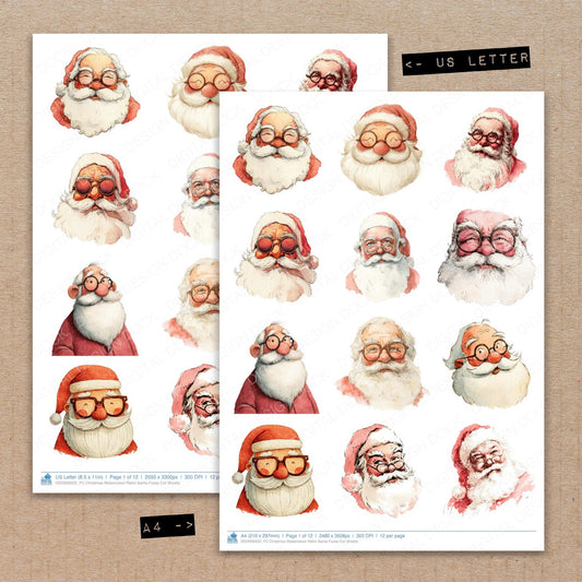 A4 and US Letter format comparison showing Christmas Watercolour Retro Santa fussy cut pages for print and cut crafting