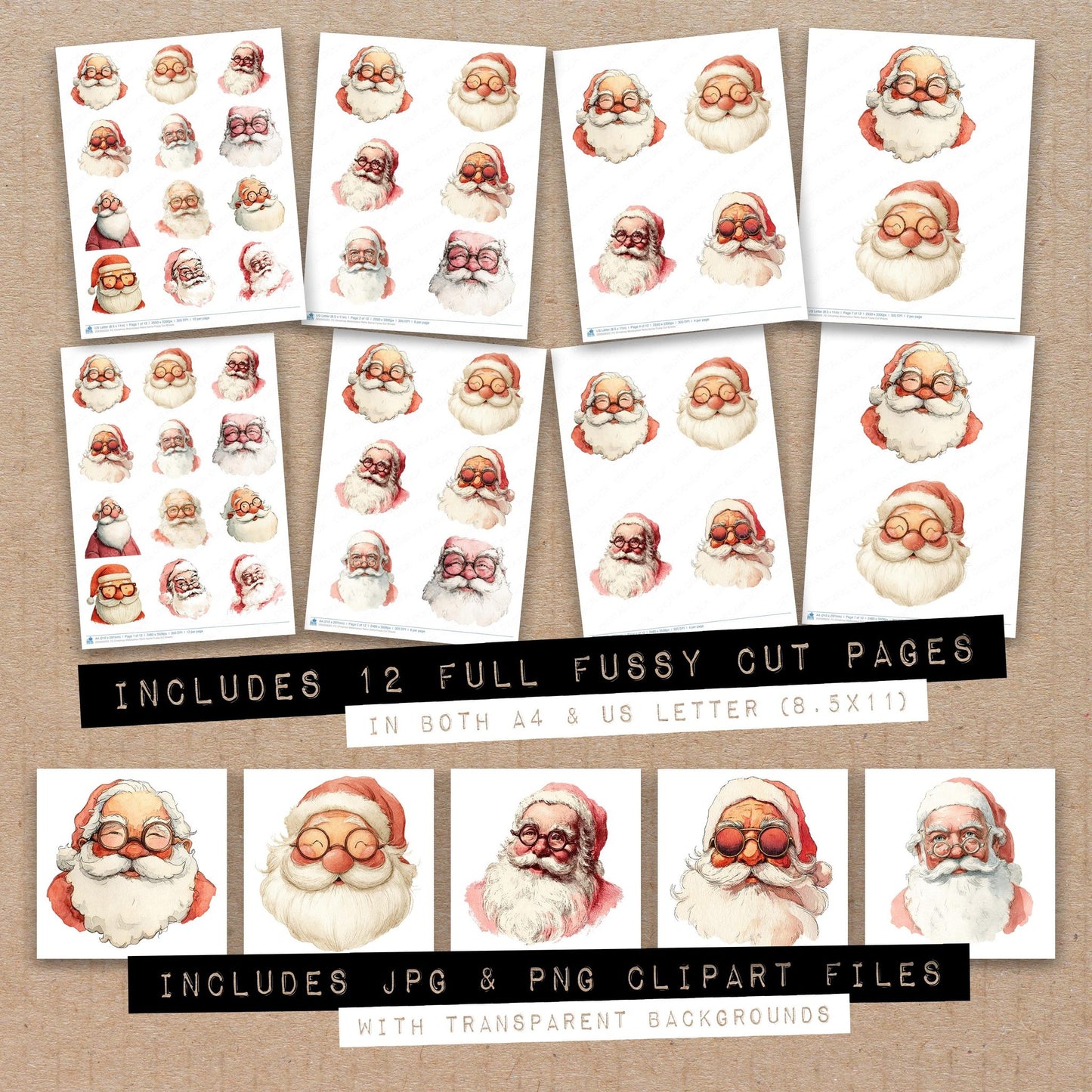Full collection view of Christmas Watercolour Retro Santa fussy cut sheets with bonus clipart JPG and PNG files