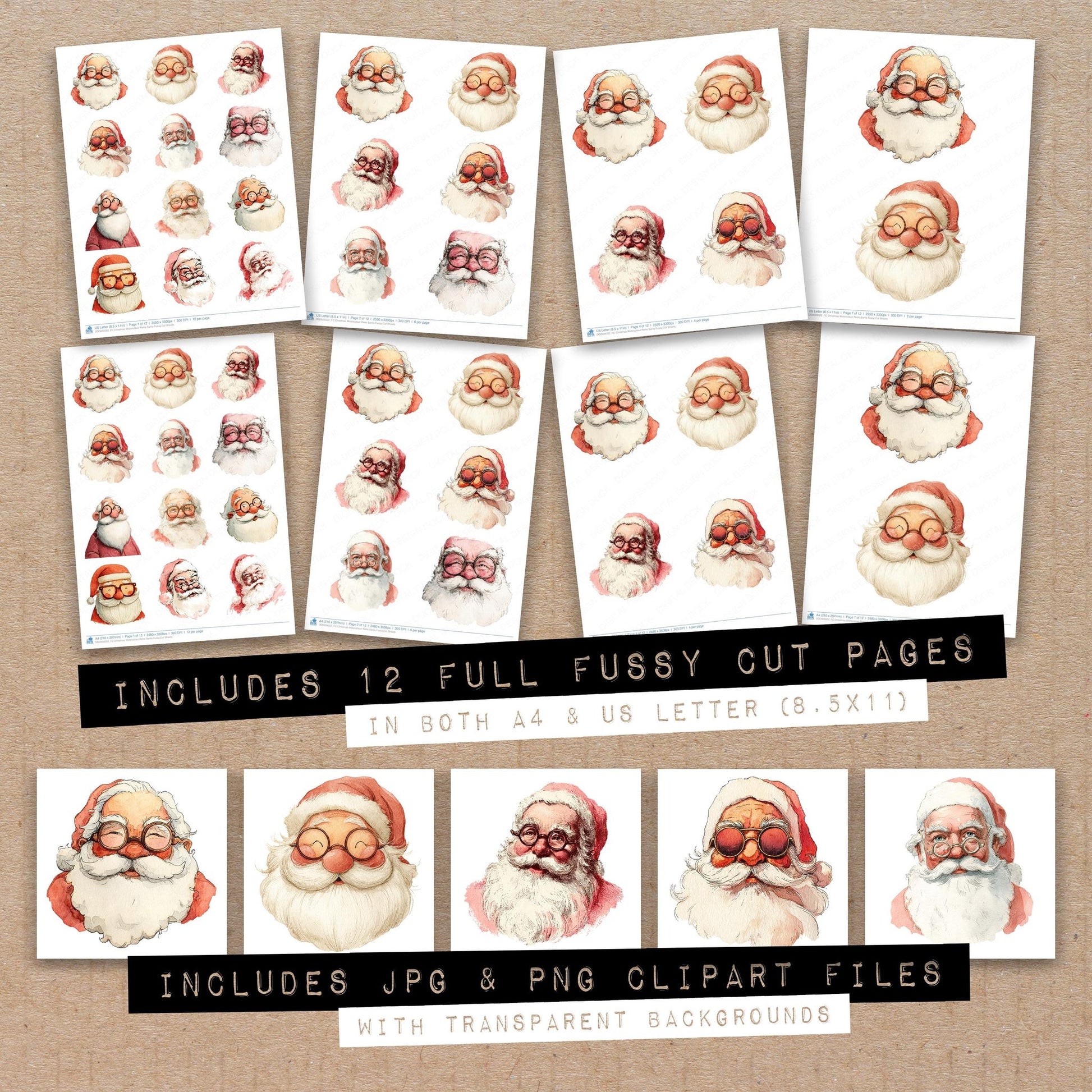 Full collection view of Christmas Watercolour Retro Santa fussy cut sheets with bonus clipart JPG and PNG files