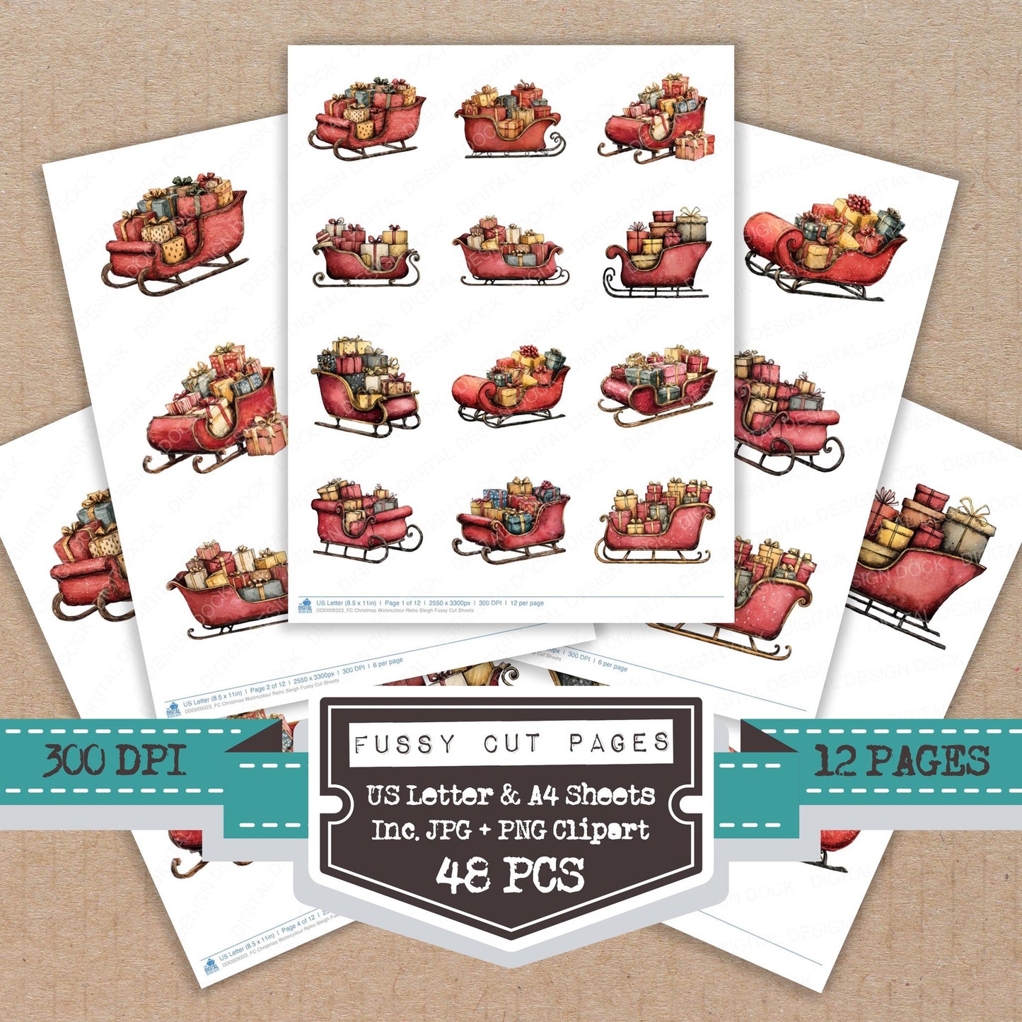 Christmas Watercolour Retro Sleigh fussy cut printable sheets for junk journaling, scrapbooking, and paper craft projects