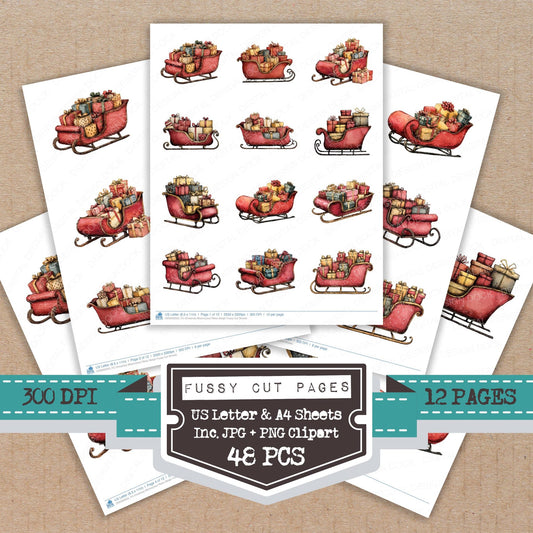 Christmas Watercolour Retro Sleigh fussy cut printable sheets for junk journaling, scrapbooking, and paper craft projects