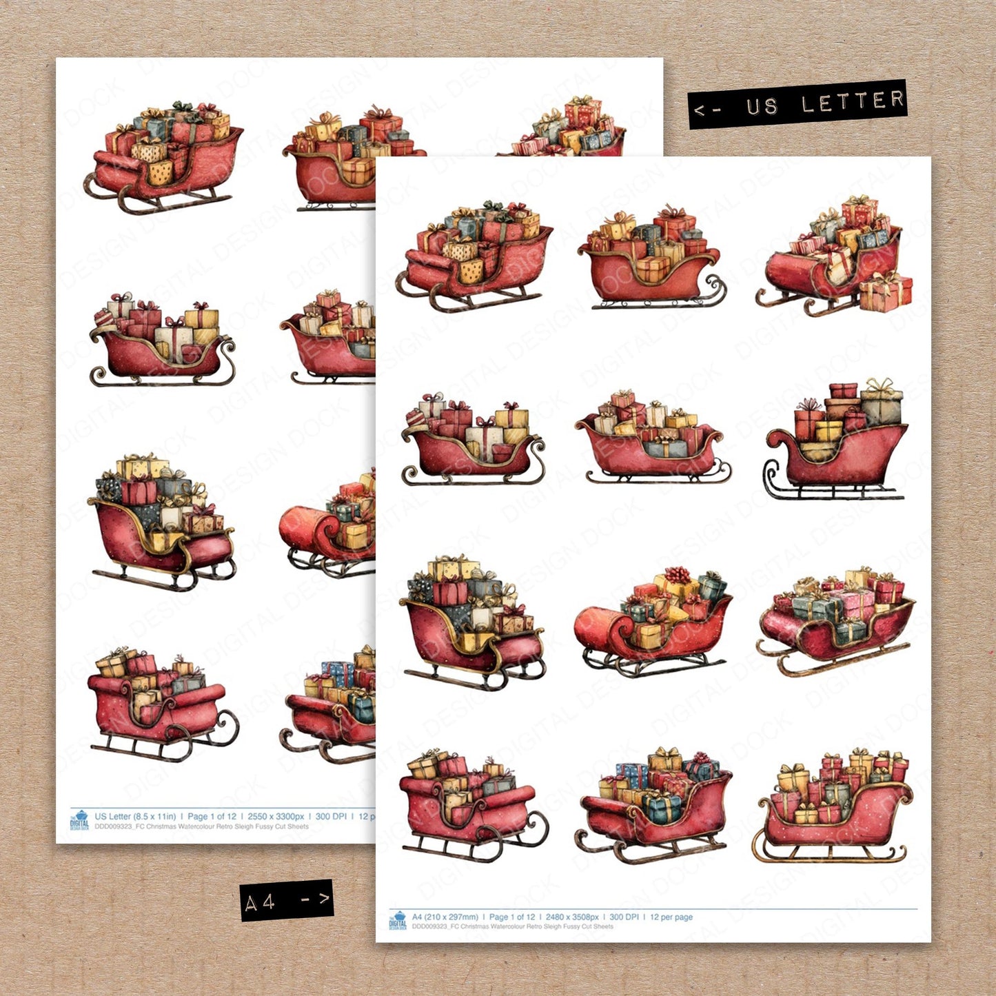 A4 and US Letter format comparison showing Christmas Watercolour Retro Sleigh fussy cut pages for print and cut crafting