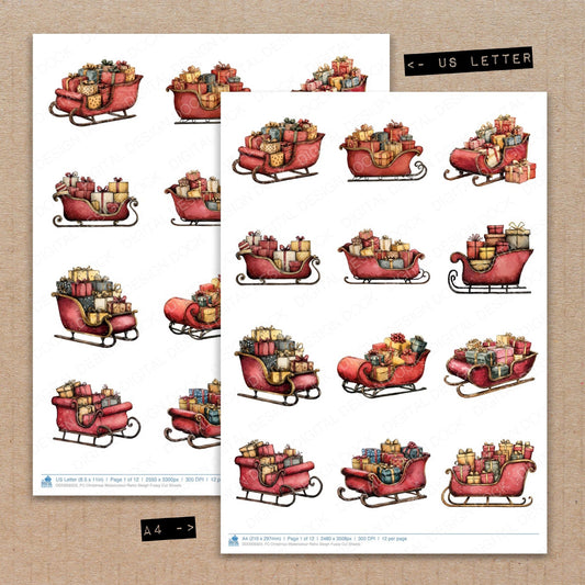 A4 and US Letter format comparison showing Christmas Watercolour Retro Sleigh fussy cut pages for print and cut crafting