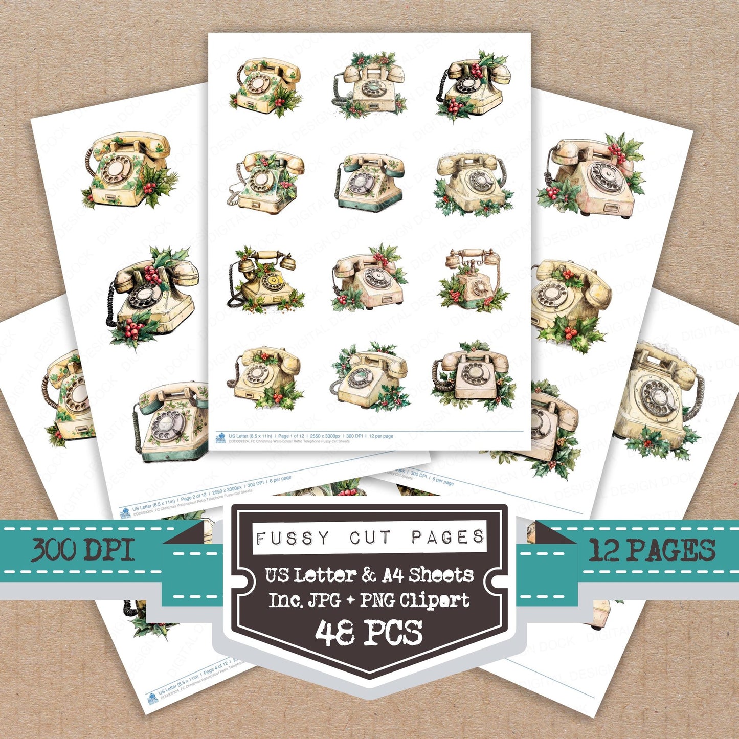 Christmas Watercolour Retro Telephone fussy cut printable sheets for junk journaling, scrapbooking, and paper craft projects
