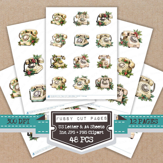 Christmas Watercolour Retro Telephone fussy cut printable sheets for junk journaling, scrapbooking, and paper craft projects