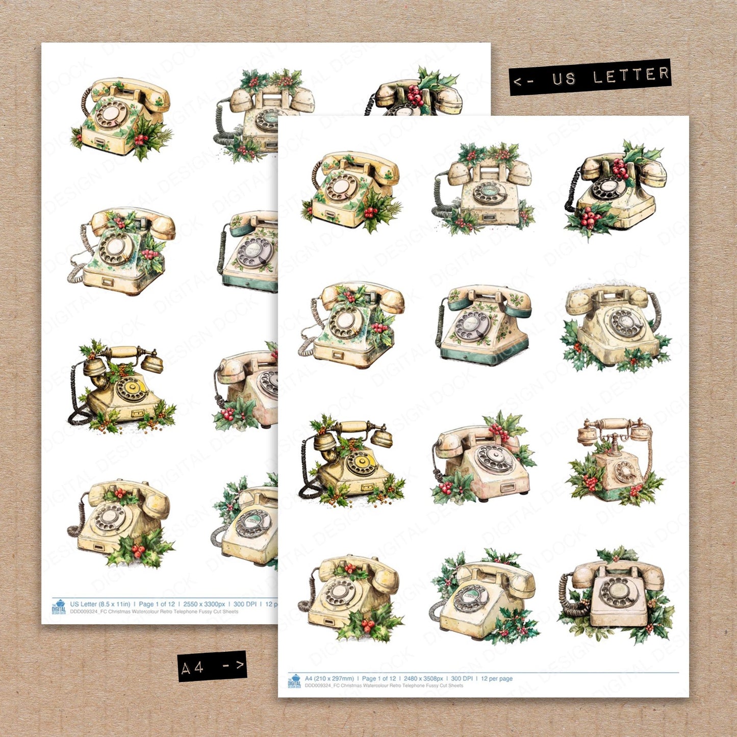 A4 and US Letter format comparison showing Christmas Watercolour Retro Telephone fussy cut pages for print and cut crafting