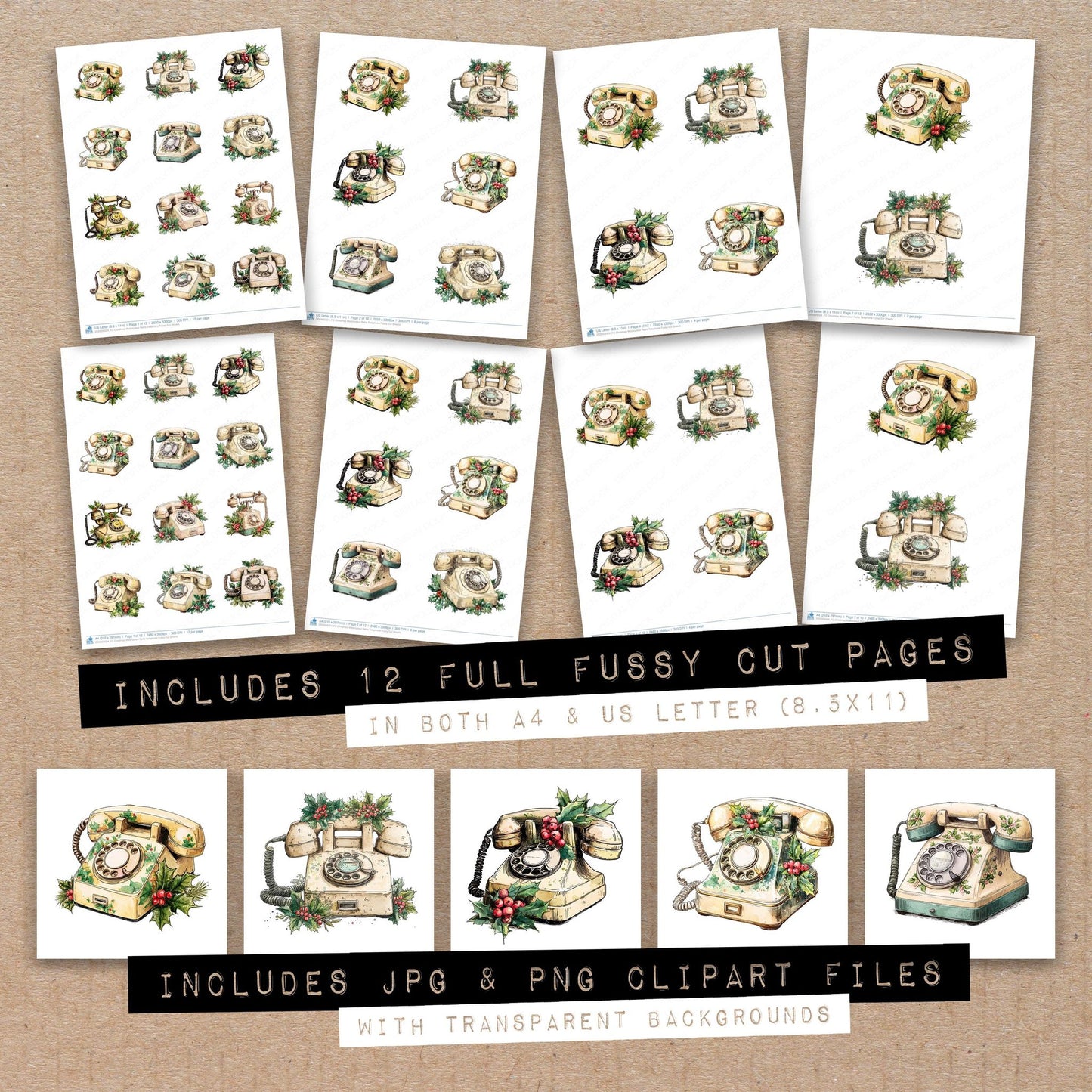 Full collection view of Christmas Watercolour Retro Telephone fussy cut sheets with bonus clipart JPG and PNG files