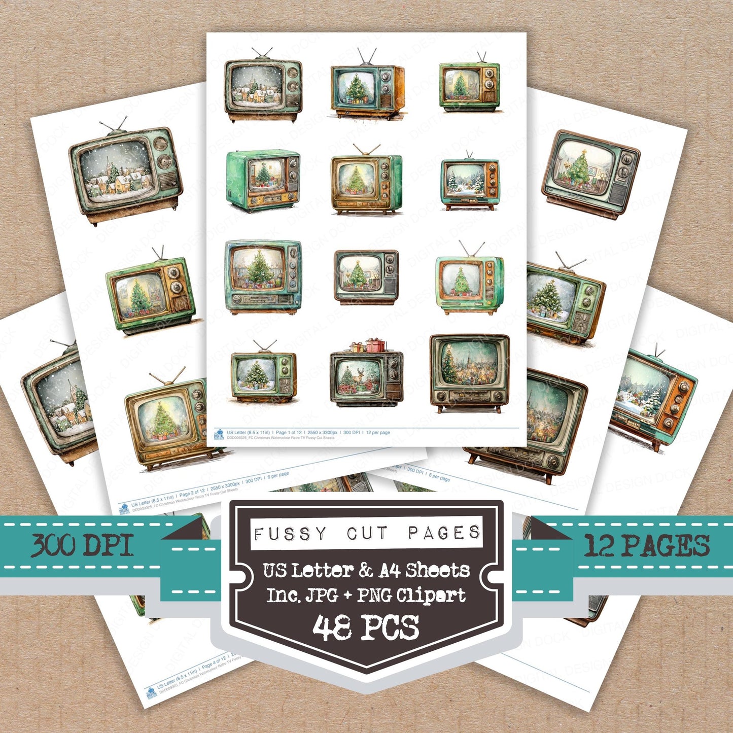 Christmas Watercolour Retro TV fussy cut printable sheets for junk journaling, scrapbooking, and paper craft projects