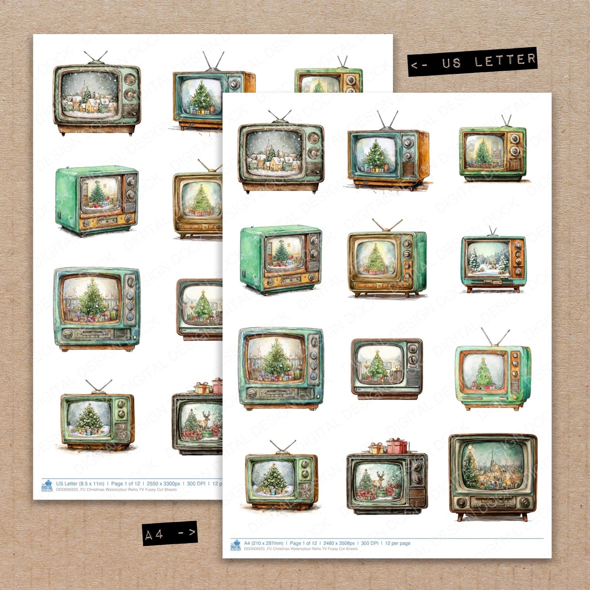 A4 and US Letter format comparison showing Christmas Watercolour Retro TV fussy cut pages for print and cut crafting