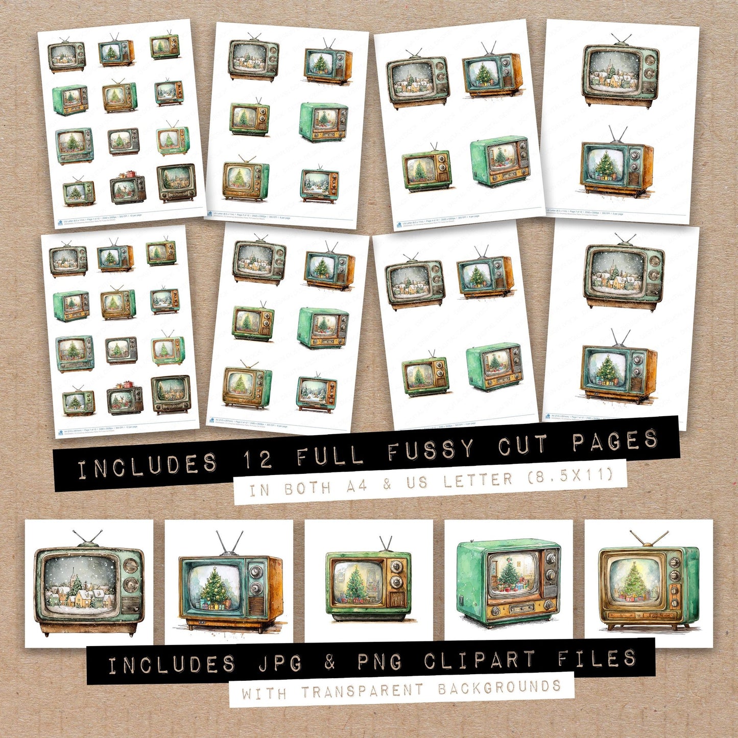 Full collection view of Christmas Watercolour Retro TV fussy cut sheets with bonus clipart JPG and PNG files