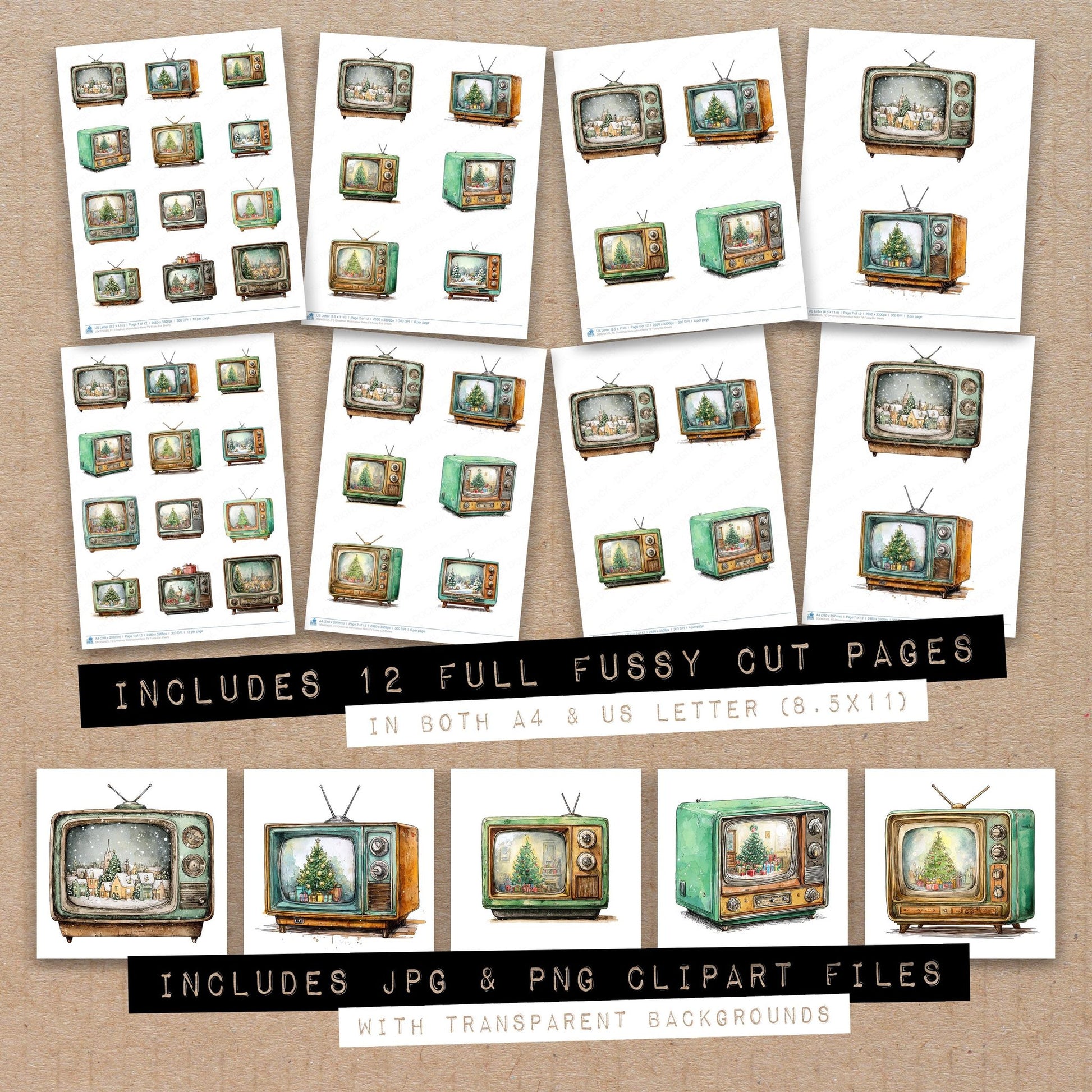 Full collection view of Christmas Watercolour Retro TV fussy cut sheets with bonus clipart JPG and PNG files