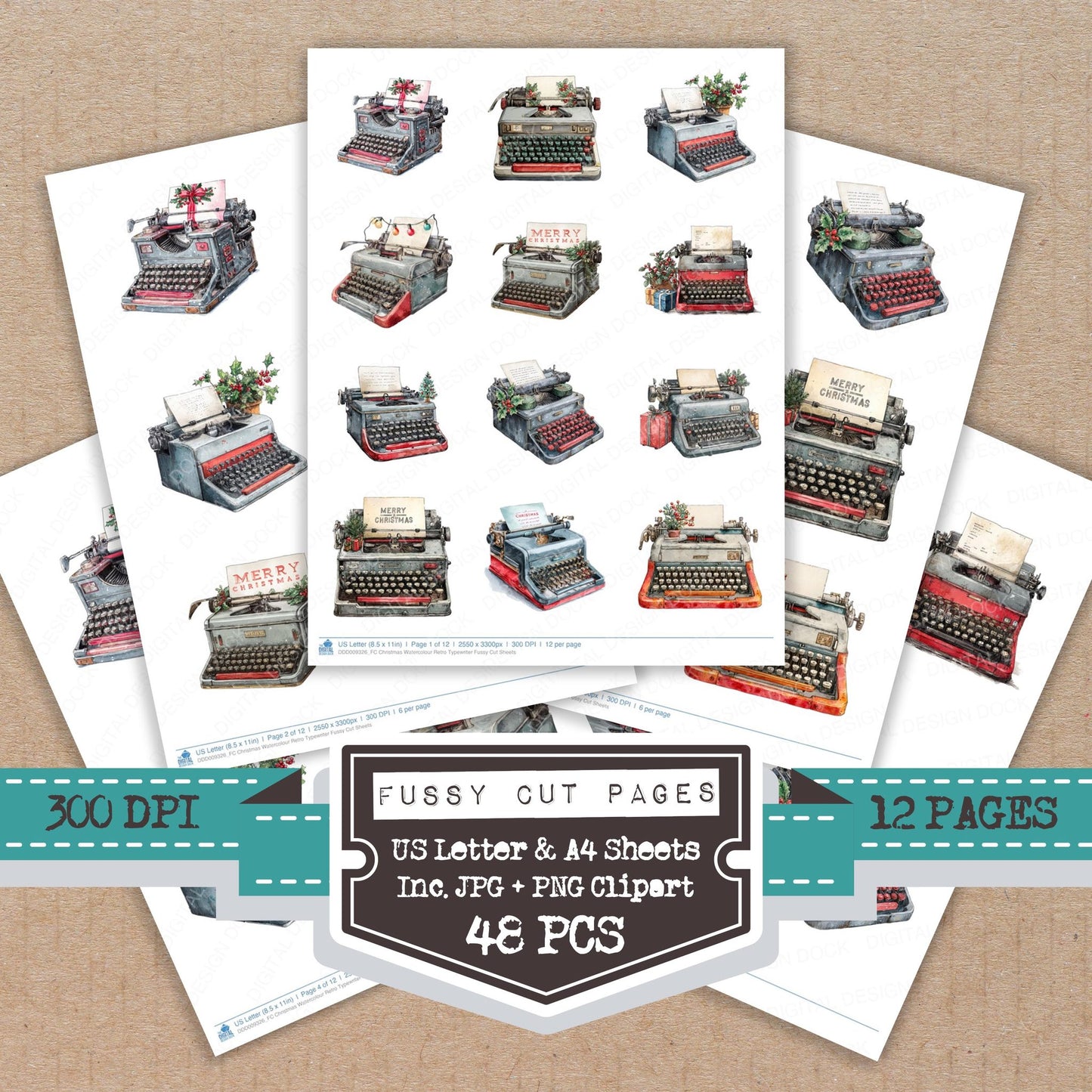Christmas Watercolour Retro Typewriter fussy cut printable sheets for junk journaling, scrapbooking, and paper craft projects