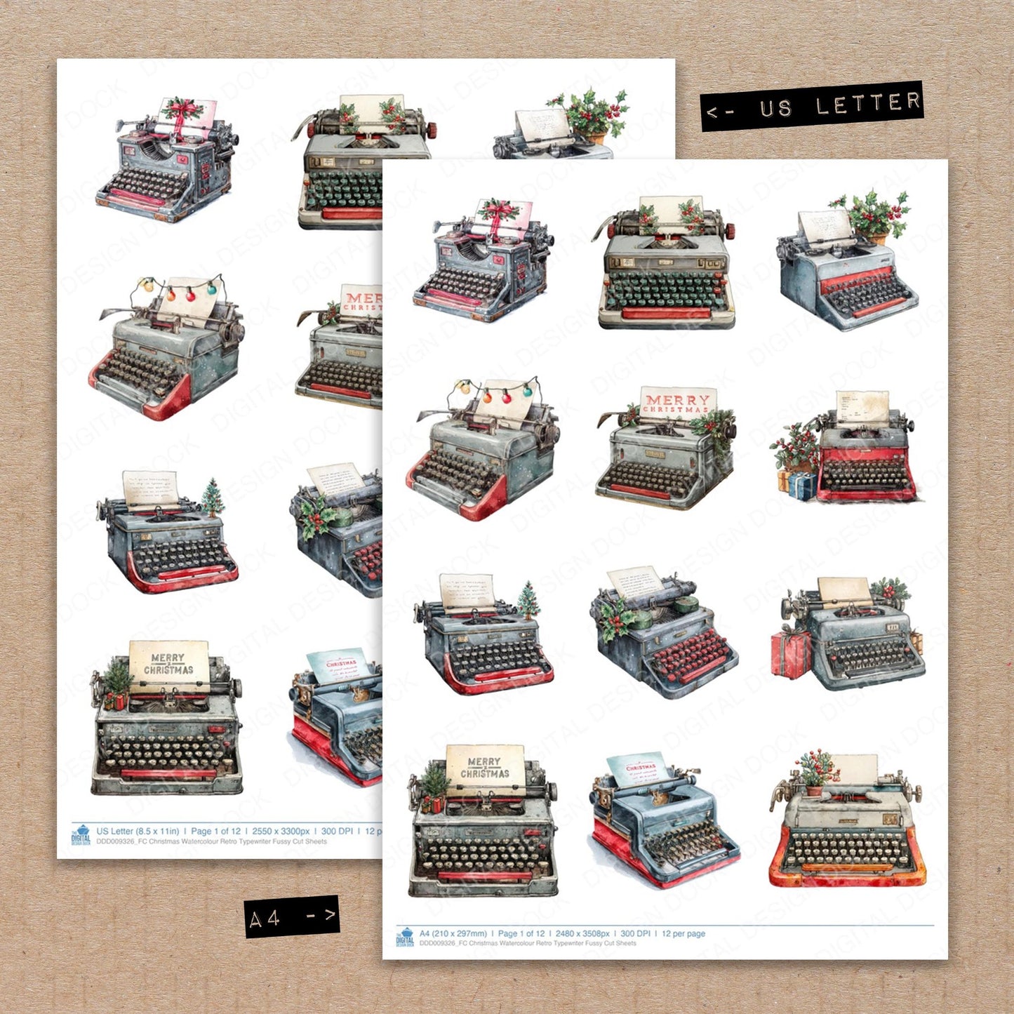 A4 and US Letter format comparison showing Christmas Watercolour Retro Typewriter fussy cut pages for print and cut crafting
