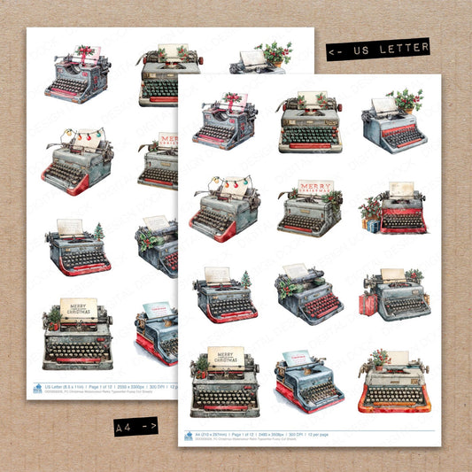 A4 and US Letter format comparison showing Christmas Watercolour Retro Typewriter fussy cut pages for print and cut crafting