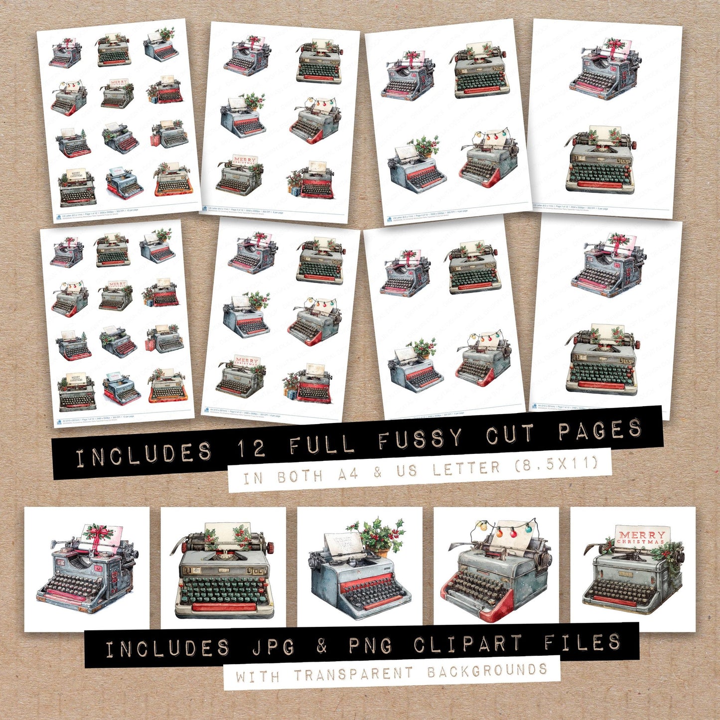 Full collection view of Christmas Watercolour Retro Typewriter fussy cut sheets with bonus clipart JPG and PNG files