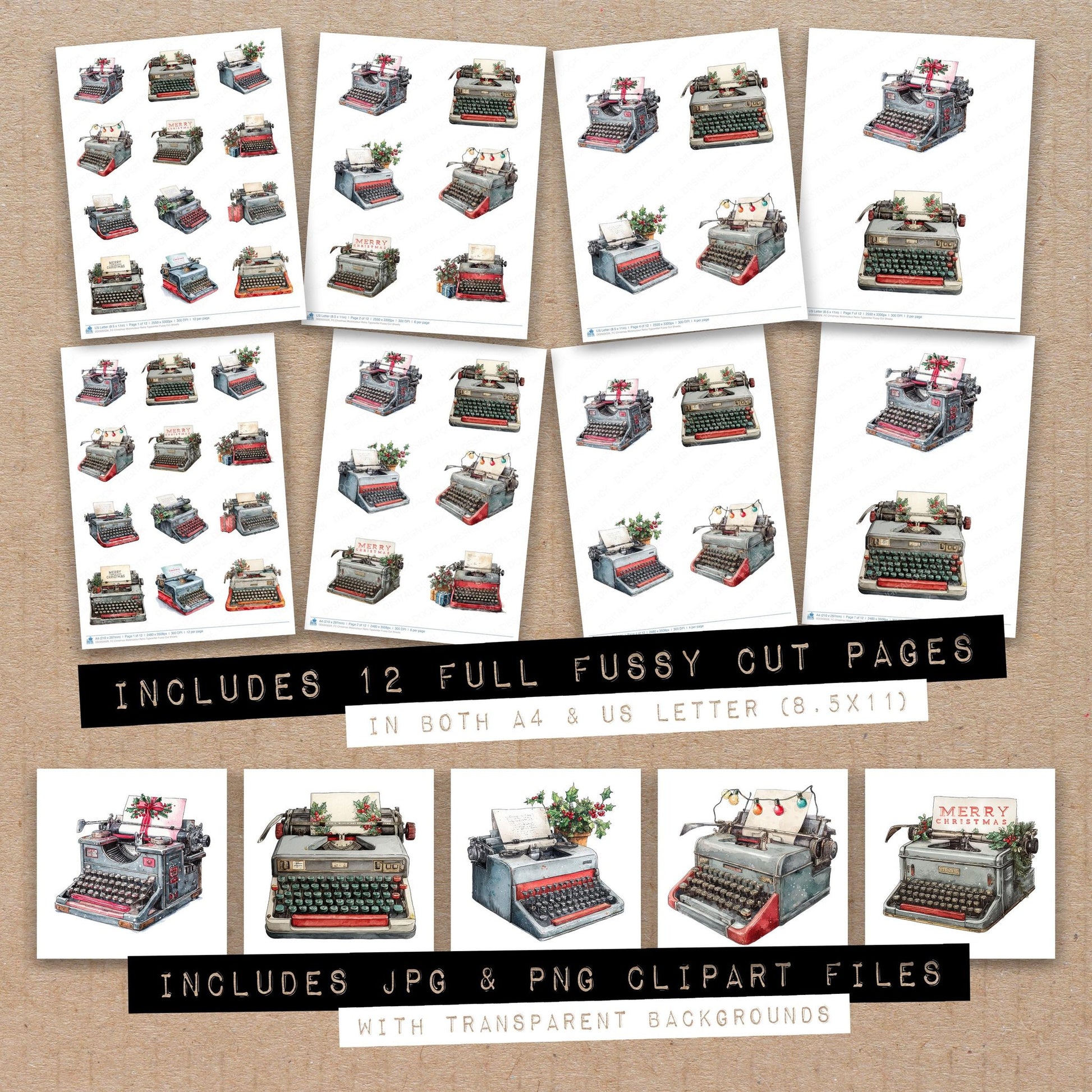 Full collection view of Christmas Watercolour Retro Typewriter fussy cut sheets with bonus clipart JPG and PNG files