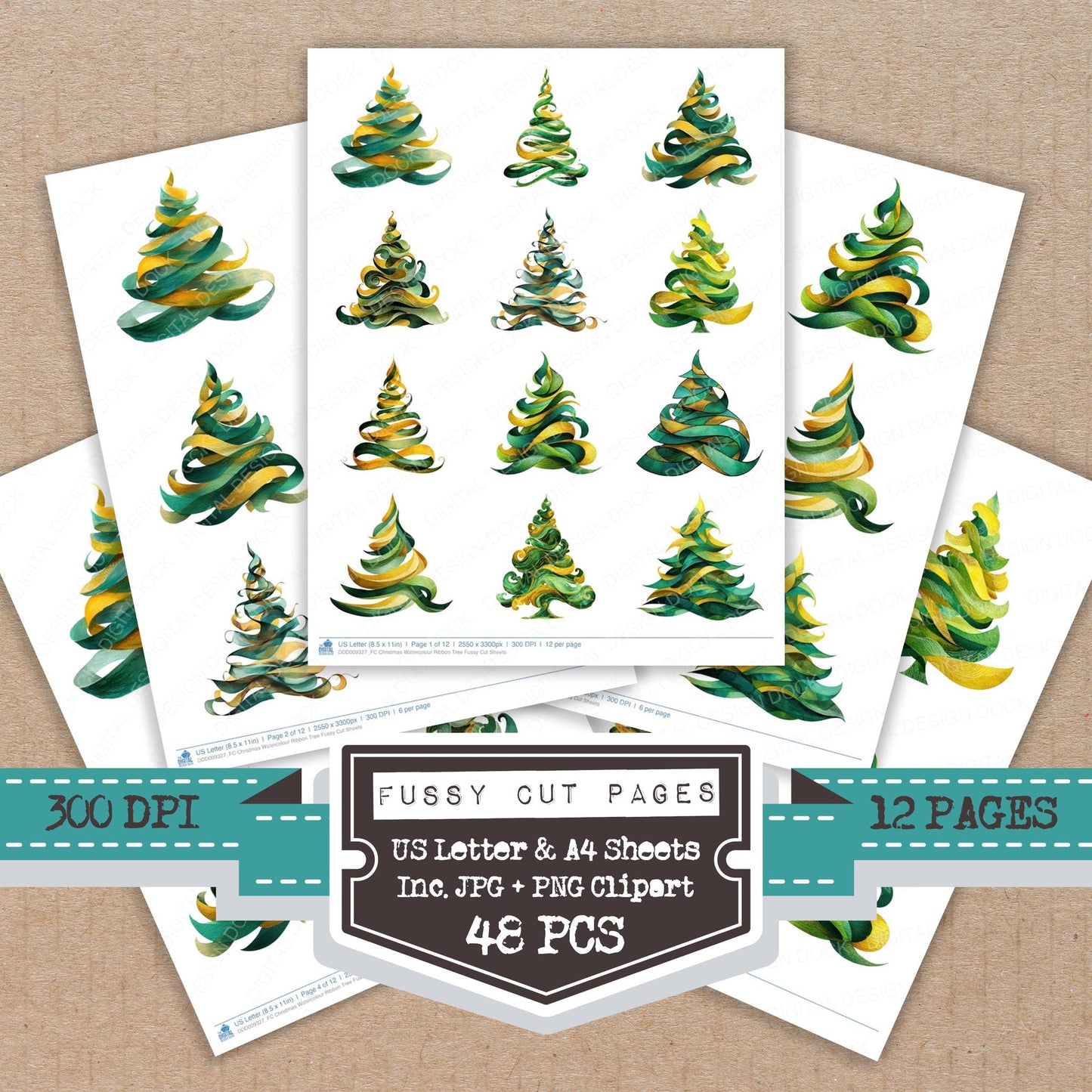 Christmas Watercolour Ribbon Tree fussy cut printable sheets for junk journaling, scrapbooking, and paper craft projects