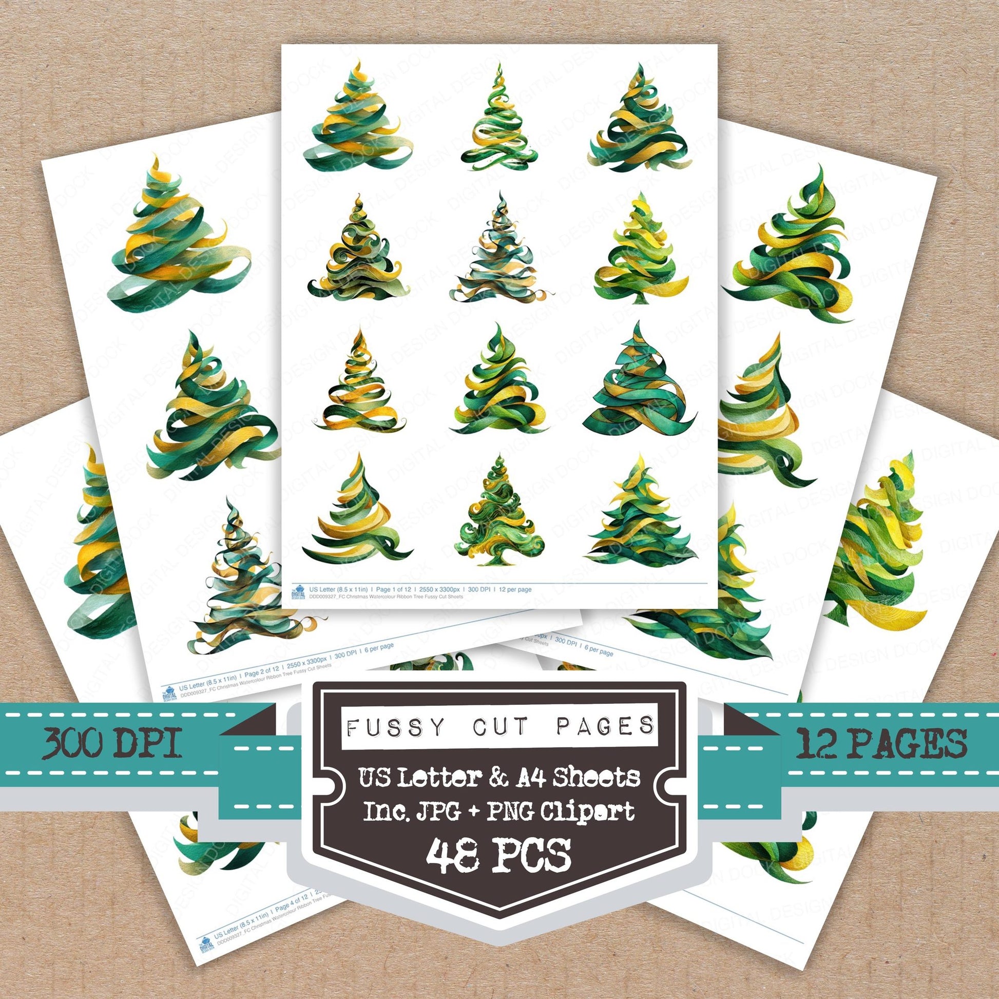Christmas Watercolour Ribbon Tree fussy cut printable sheets for junk journaling, scrapbooking, and paper craft projects