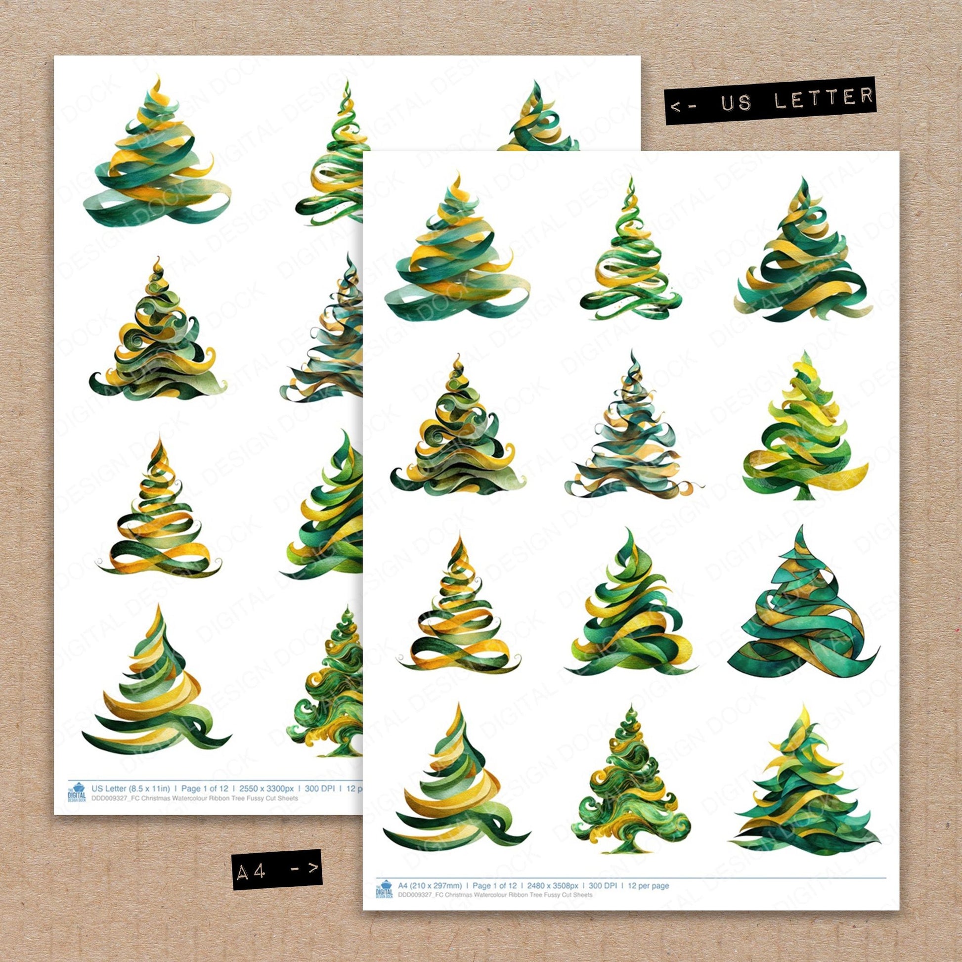 A4 and US Letter format comparison showing Christmas Watercolour Ribbon Tree fussy cut pages for print and cut crafting