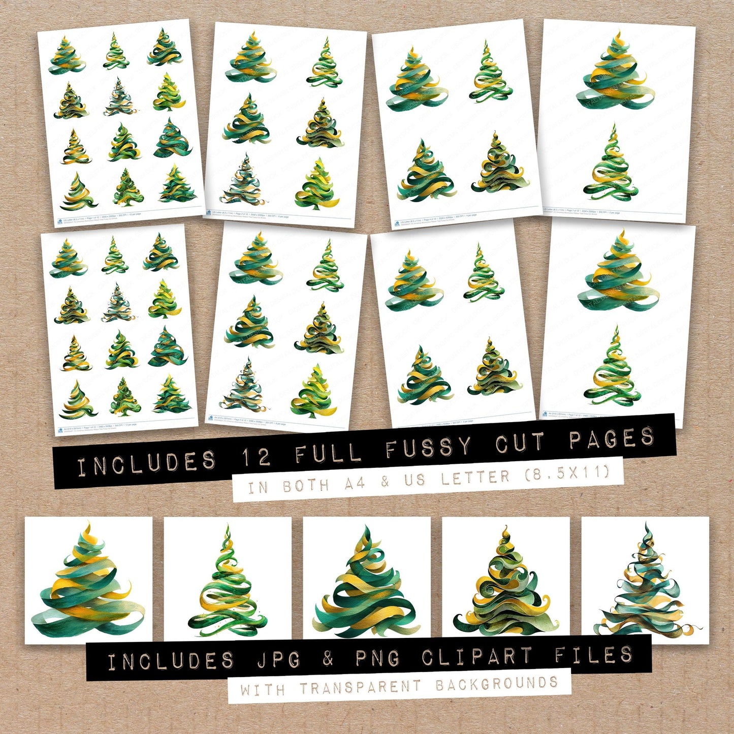 Full collection view of Christmas Watercolour Ribbon Tree fussy cut sheets with bonus clipart JPG and PNG files