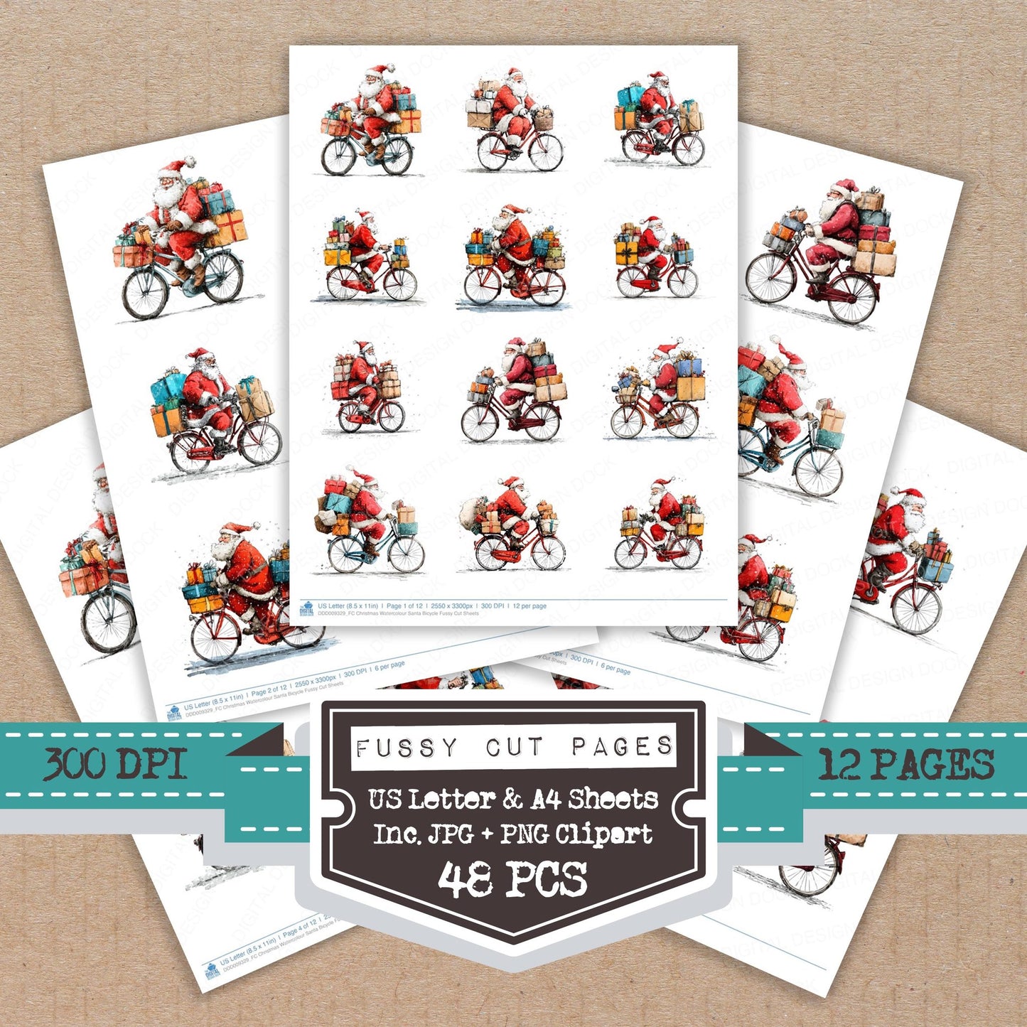 Christmas Watercolour Santa Bicycle fussy cut printable sheets for junk journaling, scrapbooking, and paper craft projects