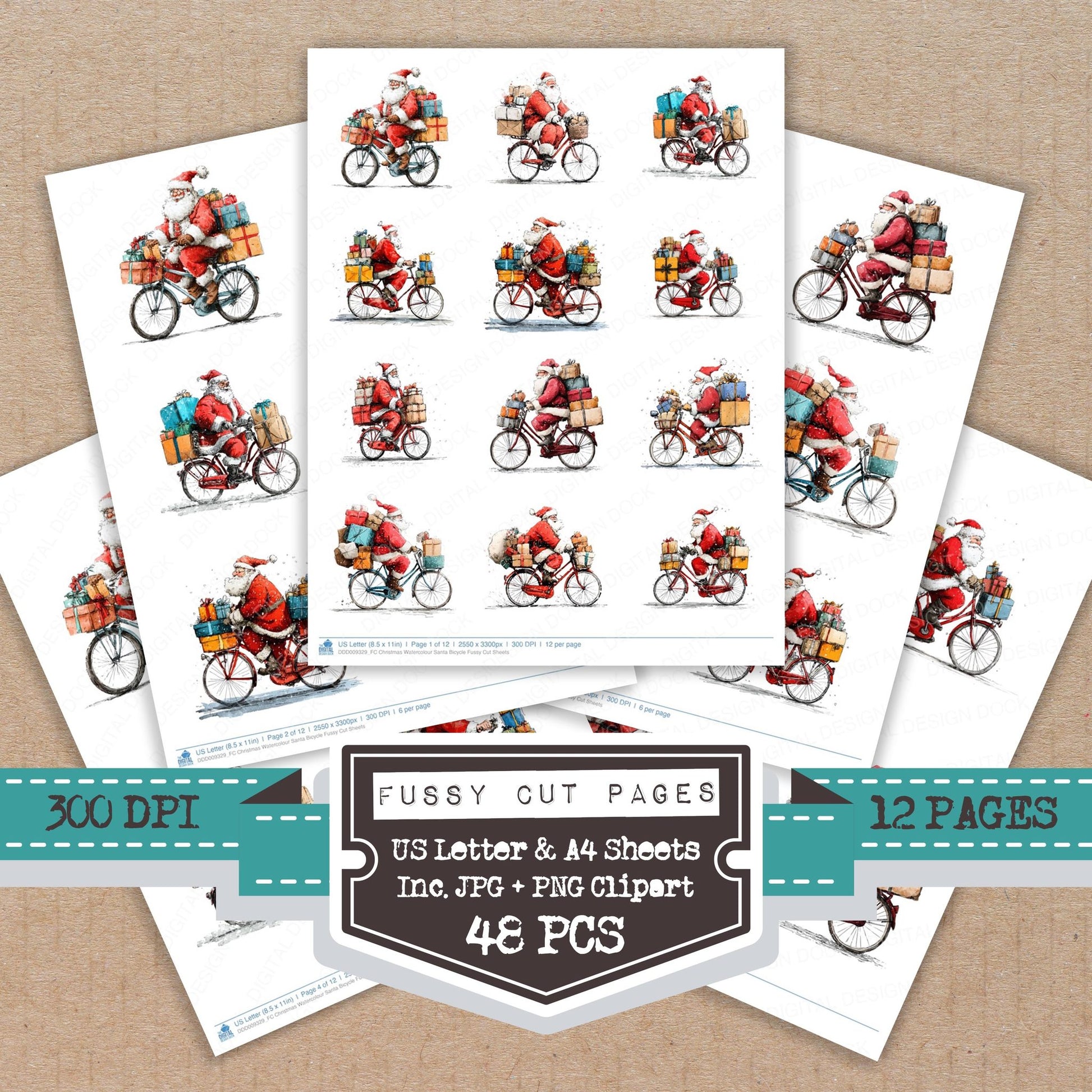Christmas Watercolour Santa Bicycle fussy cut printable sheets for junk journaling, scrapbooking, and paper craft projects
