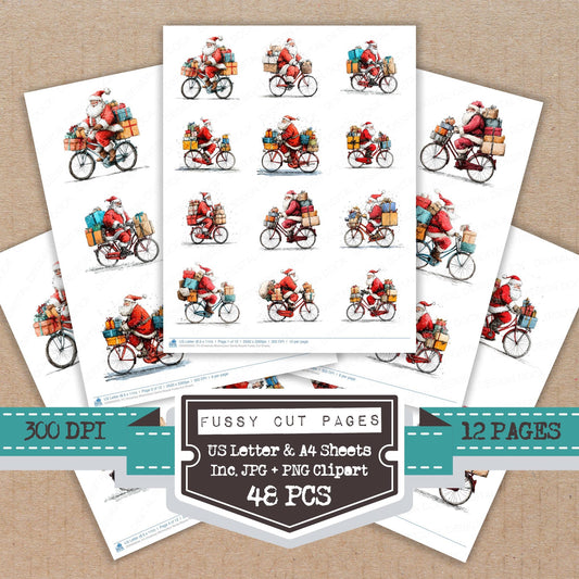 Christmas Watercolour Santa Bicycle fussy cut printable sheets for junk journaling, scrapbooking, and paper craft projects