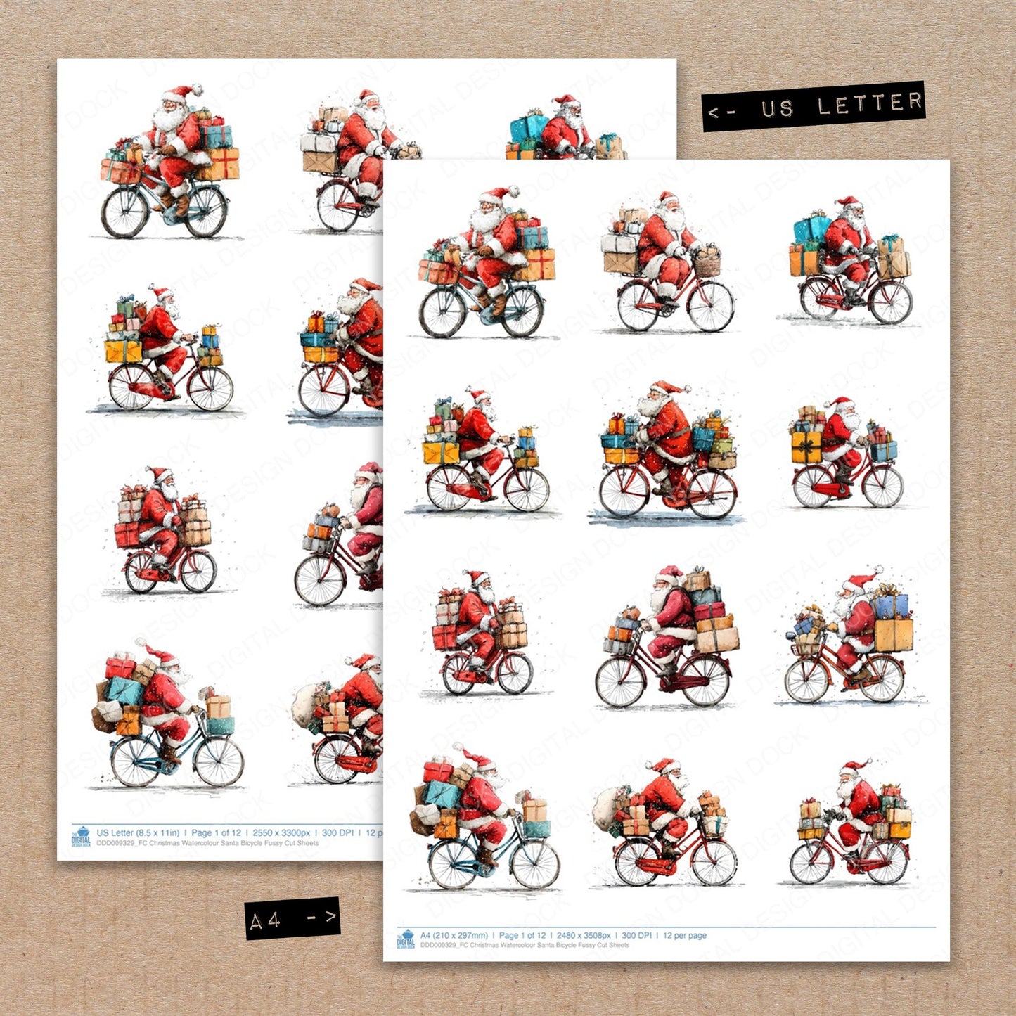 A4 and US Letter format comparison showing Christmas Watercolour Santa Bicycle fussy cut pages for print and cut crafting