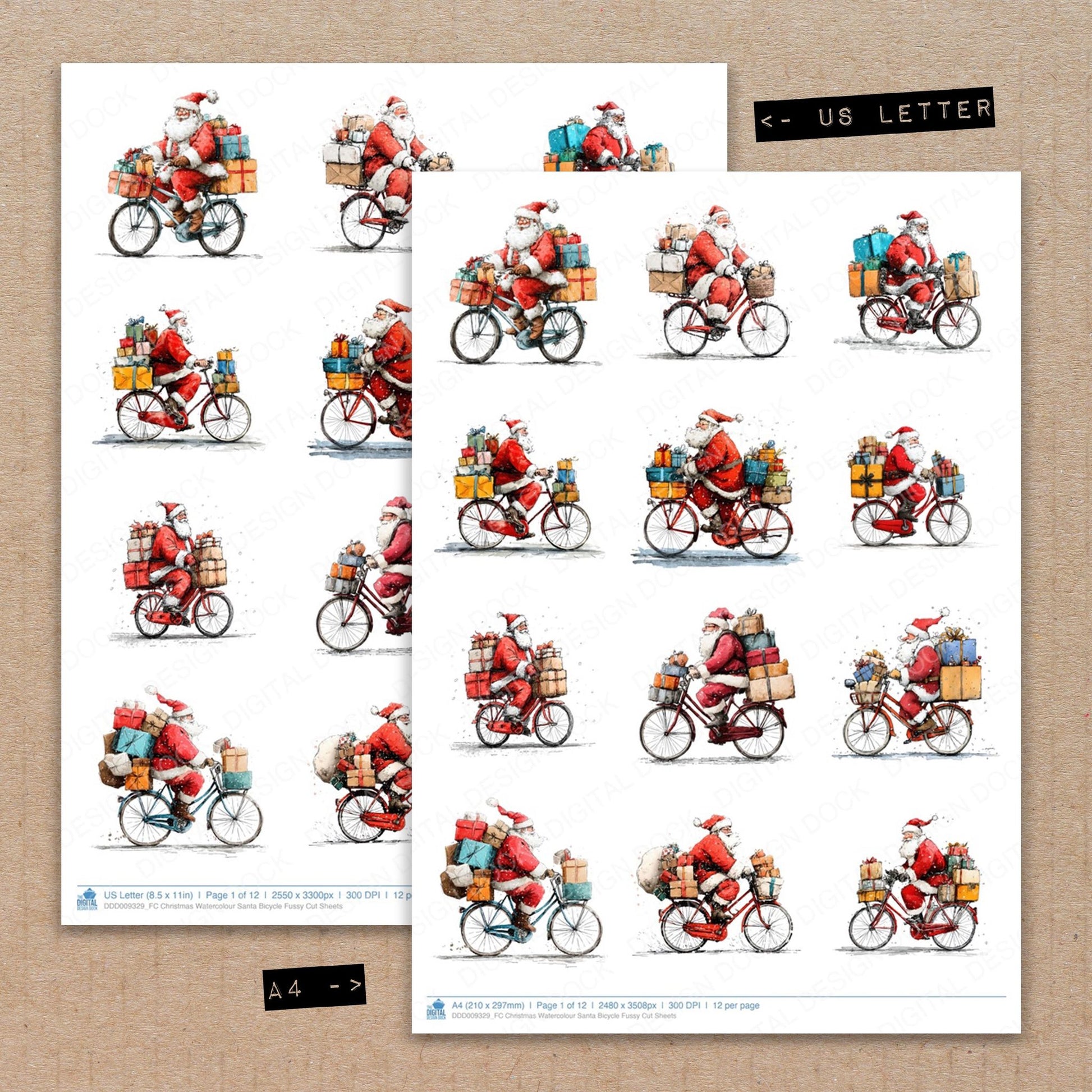 A4 and US Letter format comparison showing Christmas Watercolour Santa Bicycle fussy cut pages for print and cut crafting