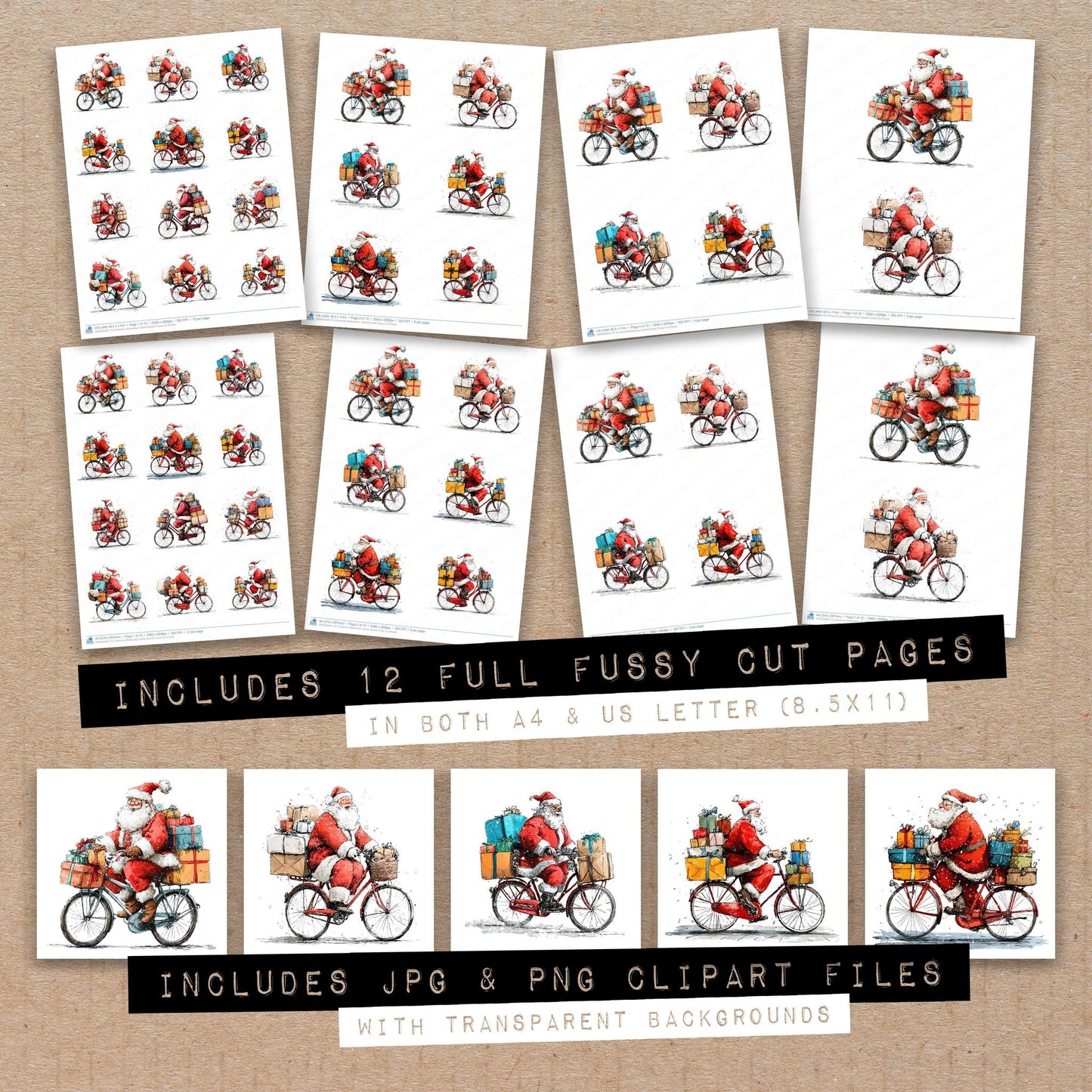 Full collection view of Christmas Watercolour Santa Bicycle fussy cut sheets with bonus clipart JPG and PNG files