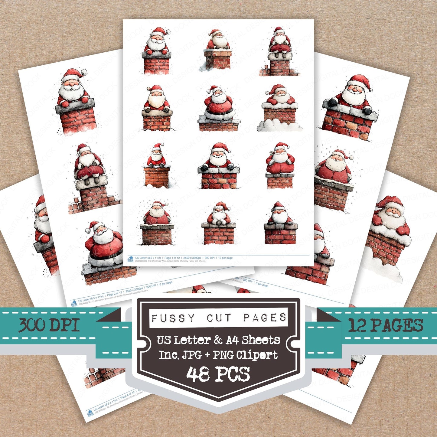 Christmas Watercolour Santa Chimney fussy cut printable sheets for junk journaling, scrapbooking, and paper craft projects
