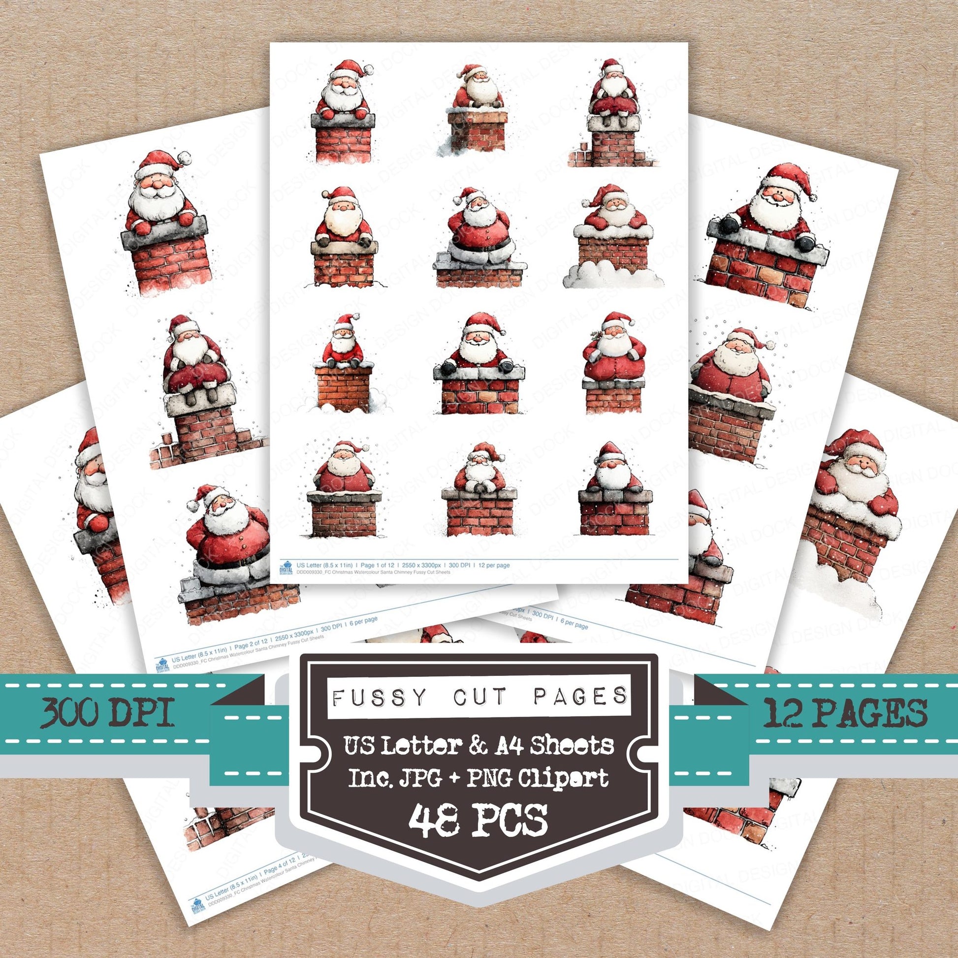 Christmas Watercolour Santa Chimney fussy cut printable sheets for junk journaling, scrapbooking, and paper craft projects