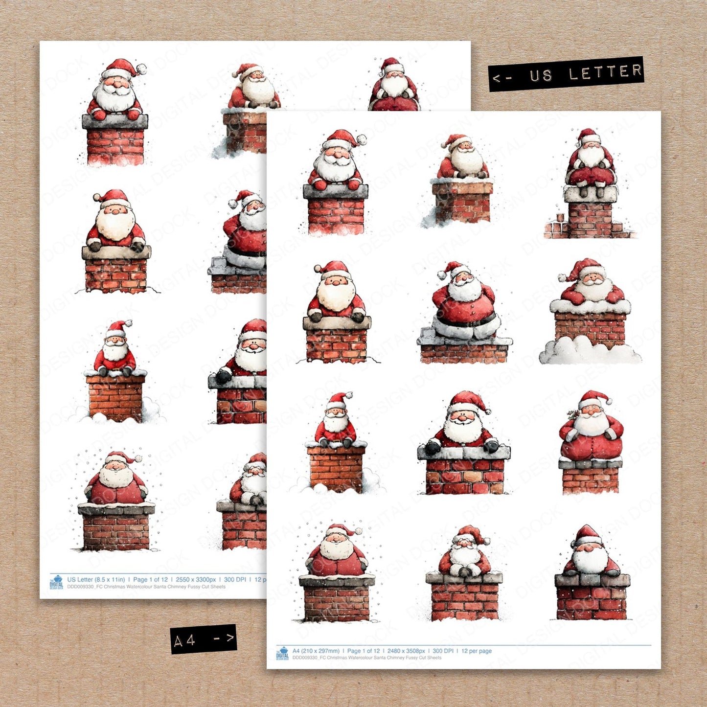 A4 and US Letter format comparison showing Christmas Watercolour Santa Chimney fussy cut pages for print and cut crafting