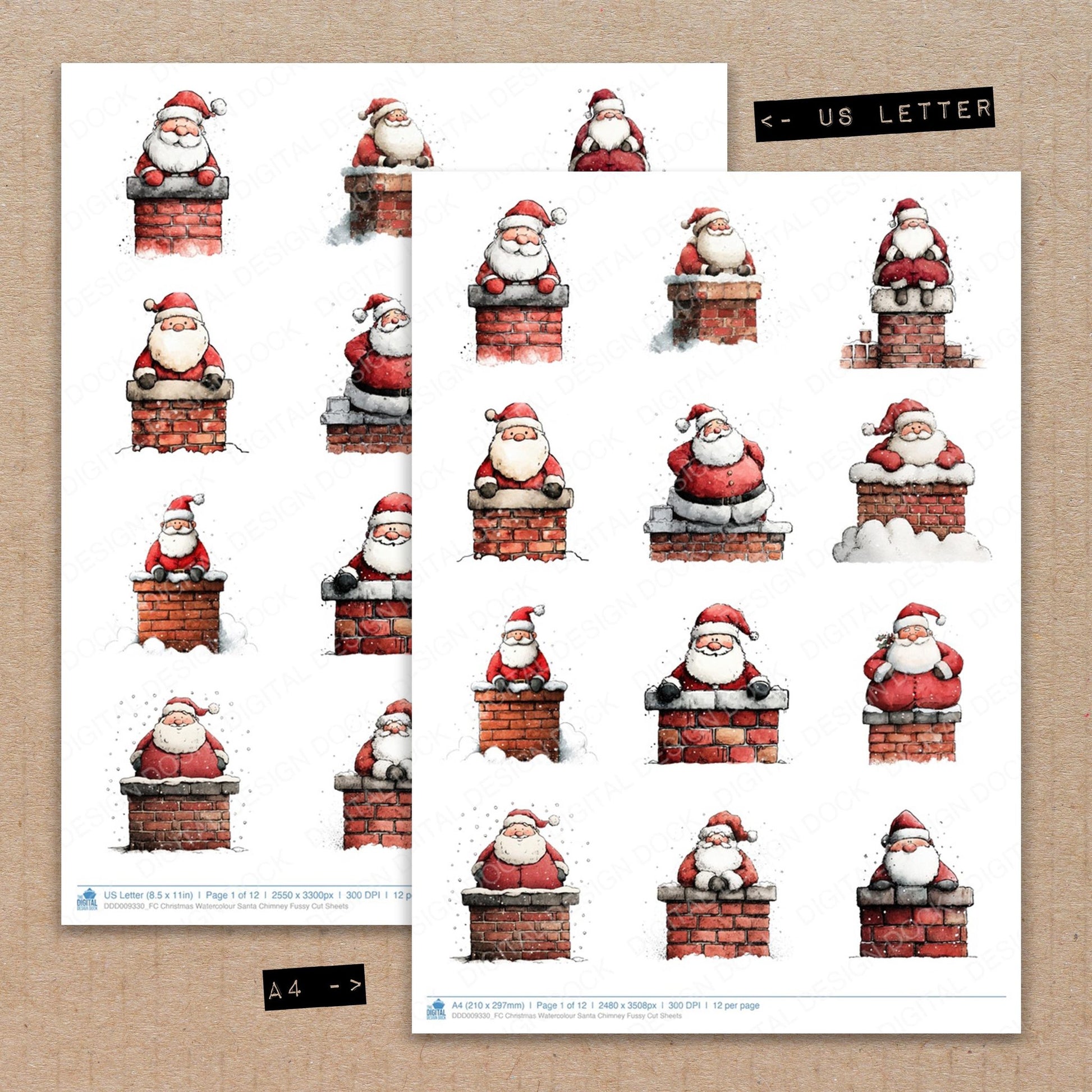 A4 and US Letter format comparison showing Christmas Watercolour Santa Chimney fussy cut pages for print and cut crafting