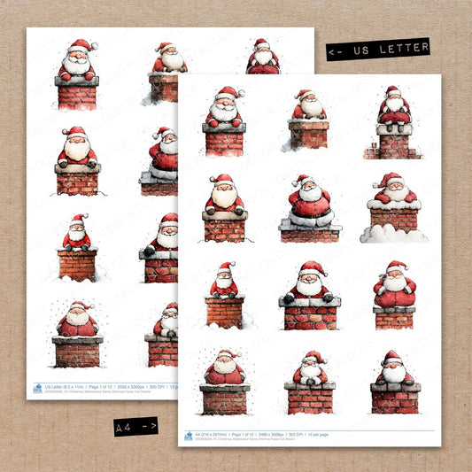 A4 and US Letter format comparison showing Christmas Watercolour Santa Chimney fussy cut pages for print and cut crafting