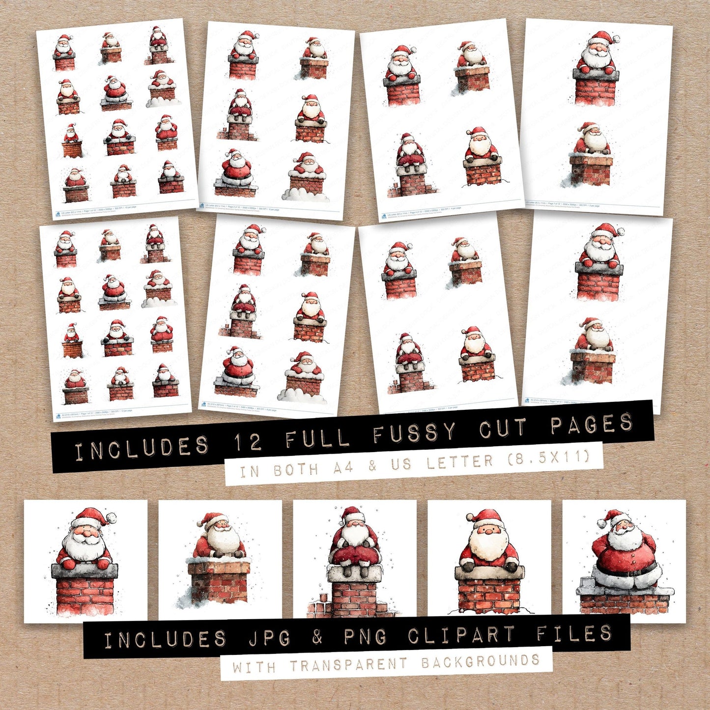 Full collection view of Christmas Watercolour Santa Chimney fussy cut sheets with bonus clipart JPG and PNG files
