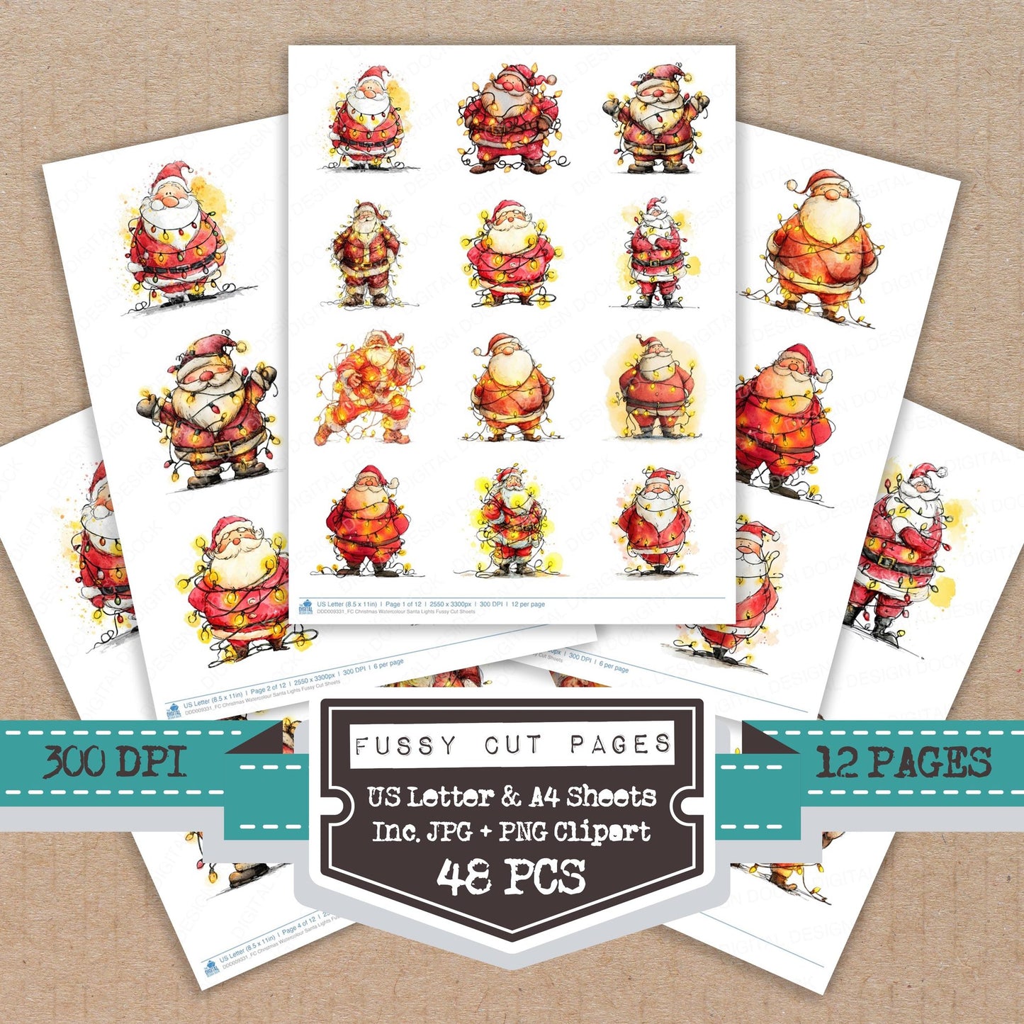 Christmas Watercolour Santa Lights fussy cut printable sheets for junk journaling, scrapbooking, and paper craft projects