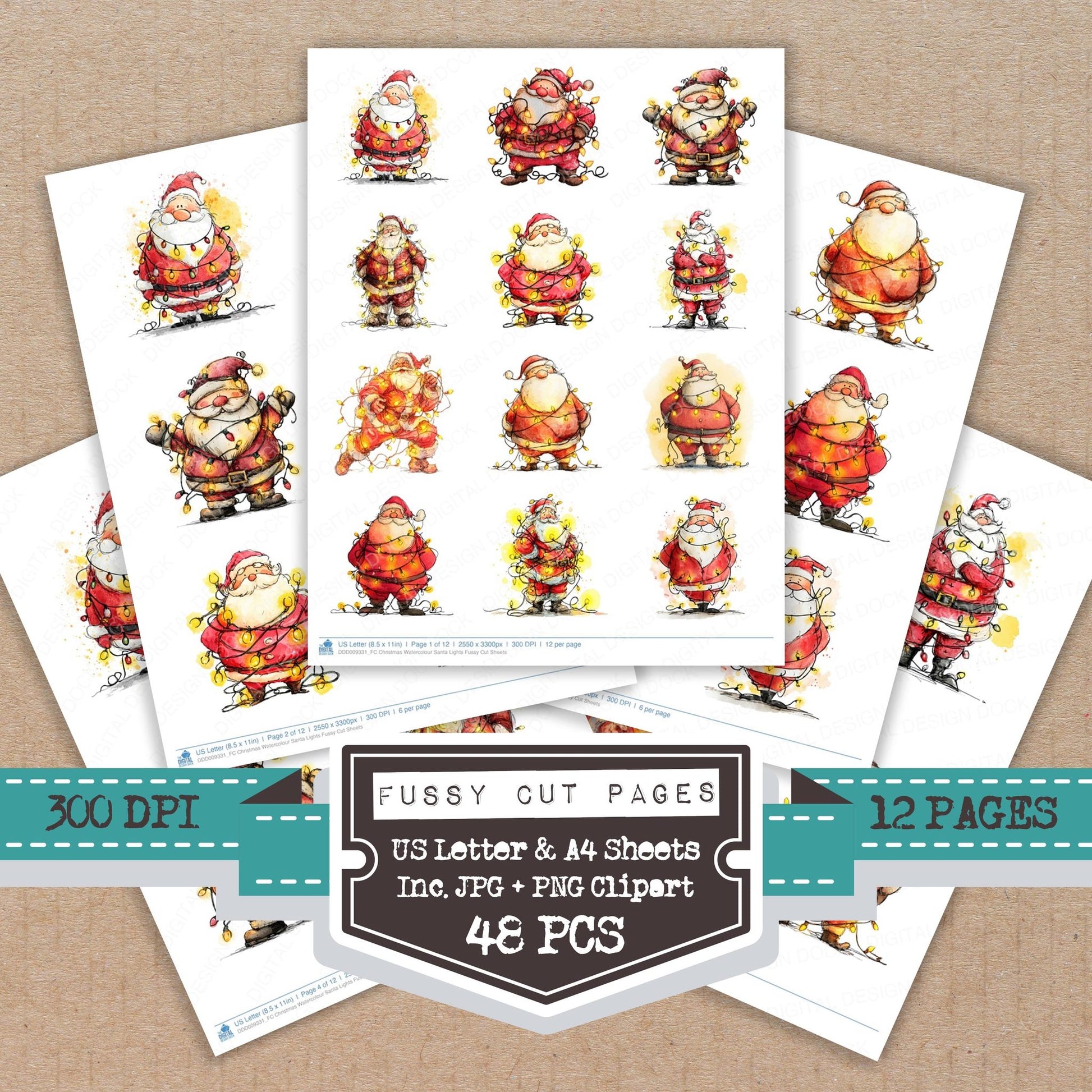 Christmas Watercolour Santa Lights fussy cut printable sheets for junk journaling, scrapbooking, and paper craft projects