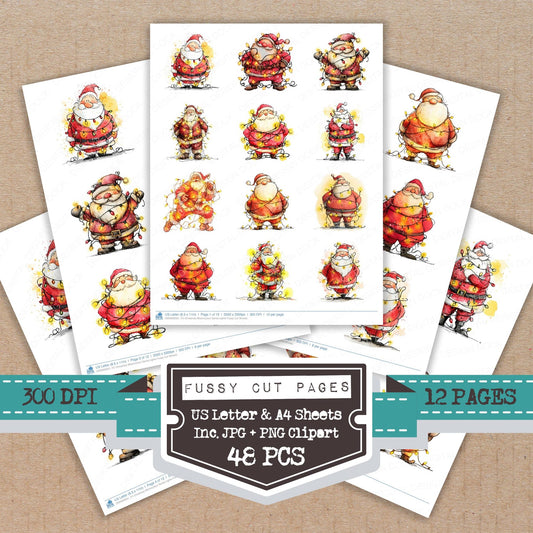 Christmas Watercolour Santa Lights fussy cut printable sheets for junk journaling, scrapbooking, and paper craft projects