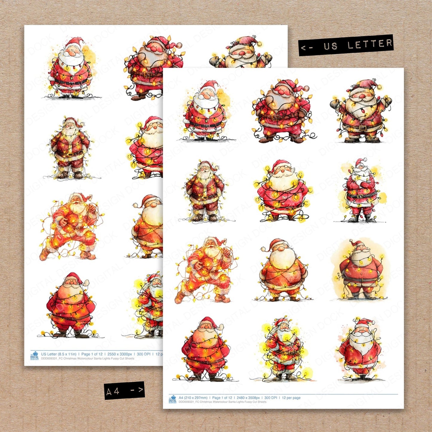 A4 and US Letter format comparison showing Christmas Watercolour Santa Lights fussy cut pages for print and cut crafting