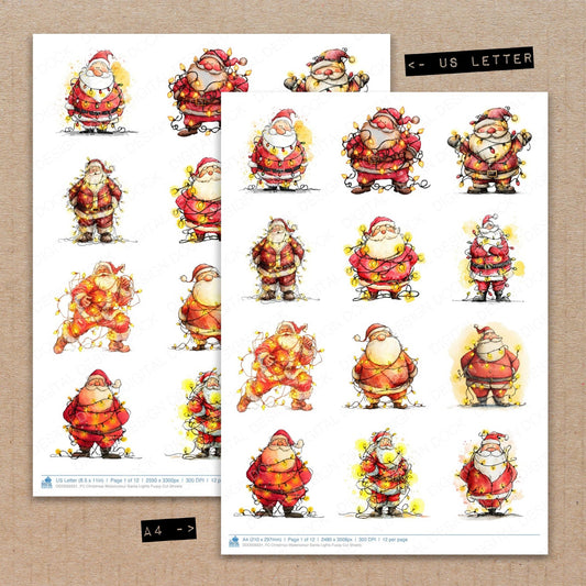 A4 and US Letter format comparison showing Christmas Watercolour Santa Lights fussy cut pages for print and cut crafting