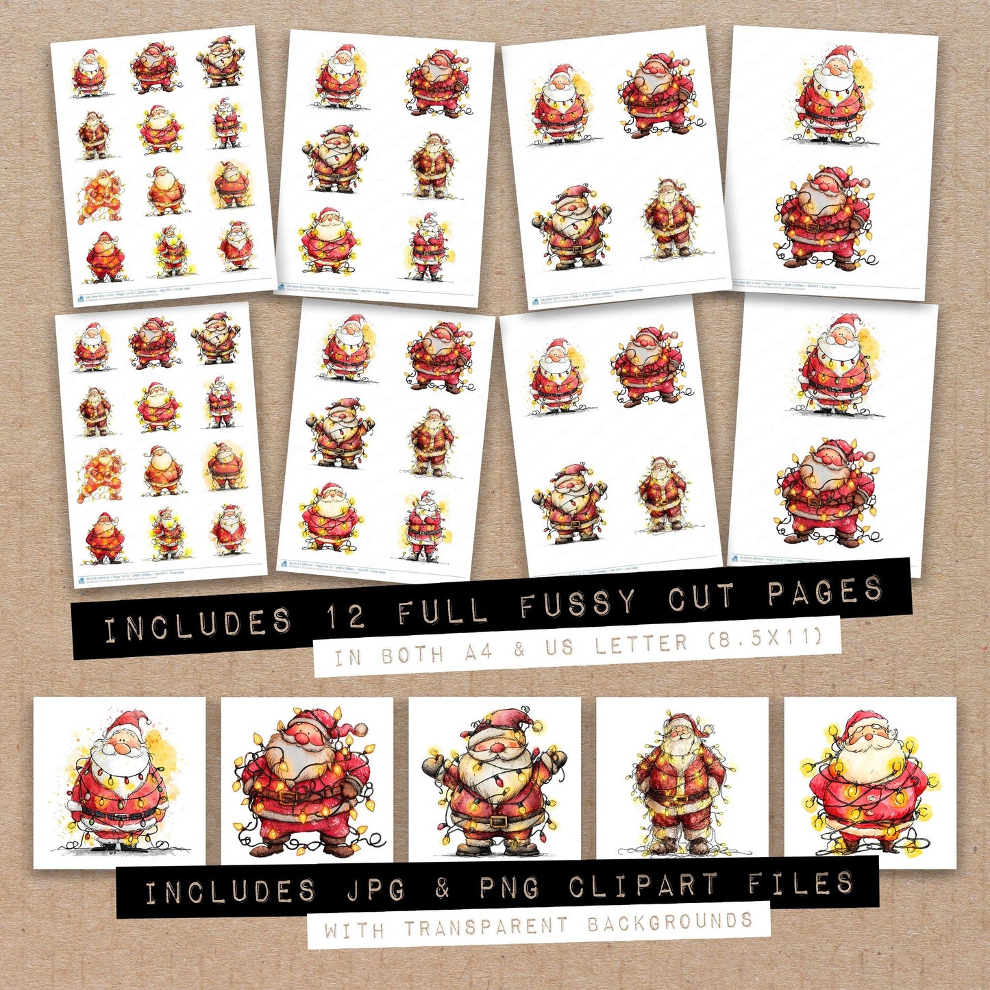 Full collection view of Christmas Watercolour Santa Lights fussy cut sheets with bonus clipart JPG and PNG files
