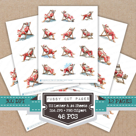 Christmas Watercolour Santa Lounging fussy cut printable sheets for junk journaling, scrapbooking, and paper craft projects