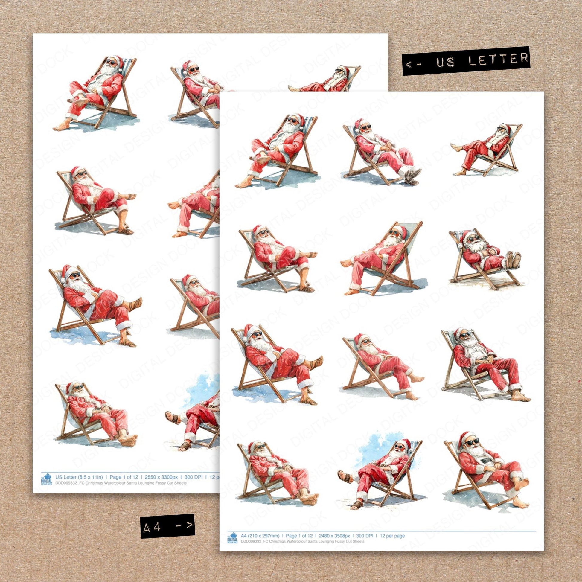 A4 and US Letter format comparison showing Christmas Watercolour Santa Lounging fussy cut pages for print and cut crafting