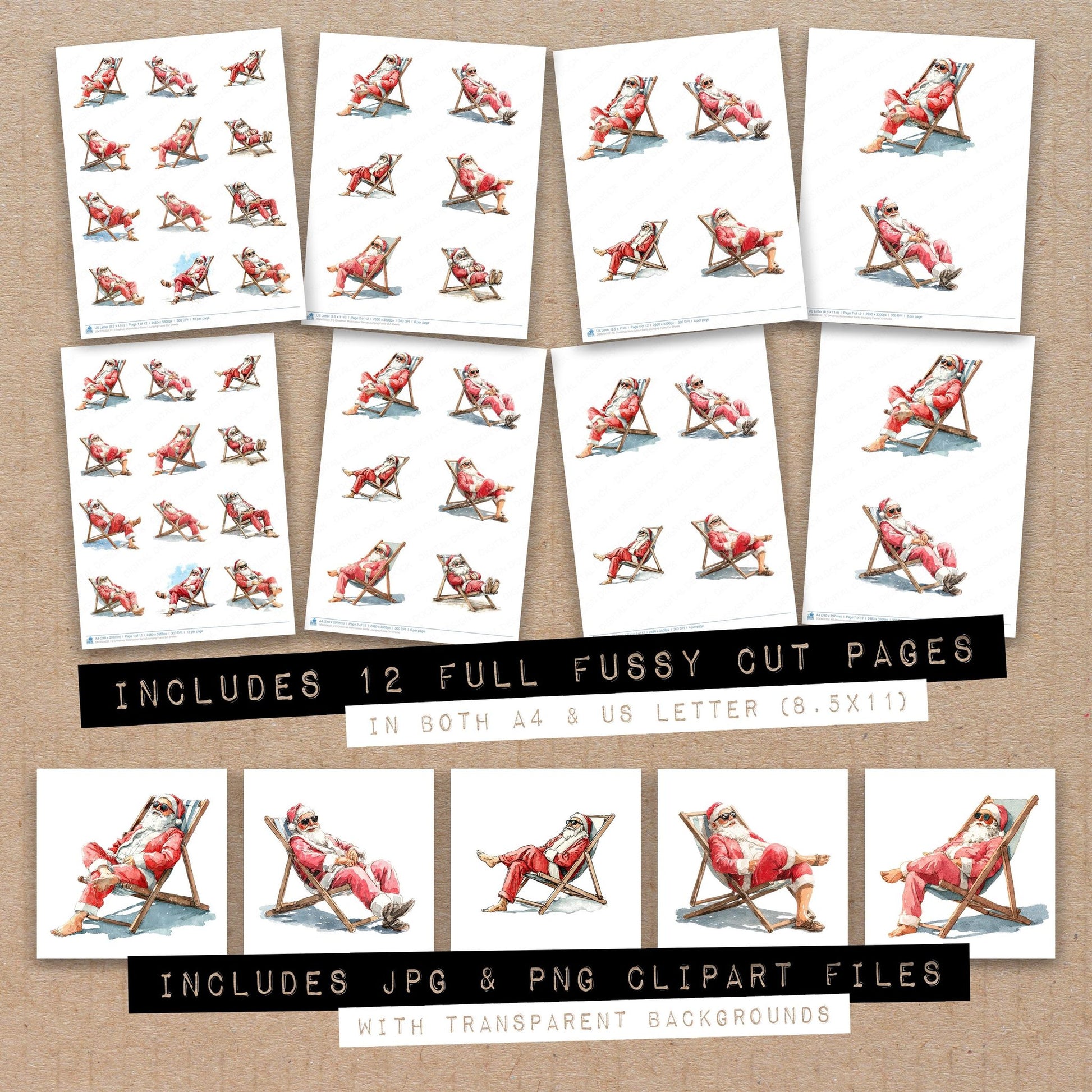 Full collection view of Christmas Watercolour Santa Lounging fussy cut sheets with bonus clipart JPG and PNG files