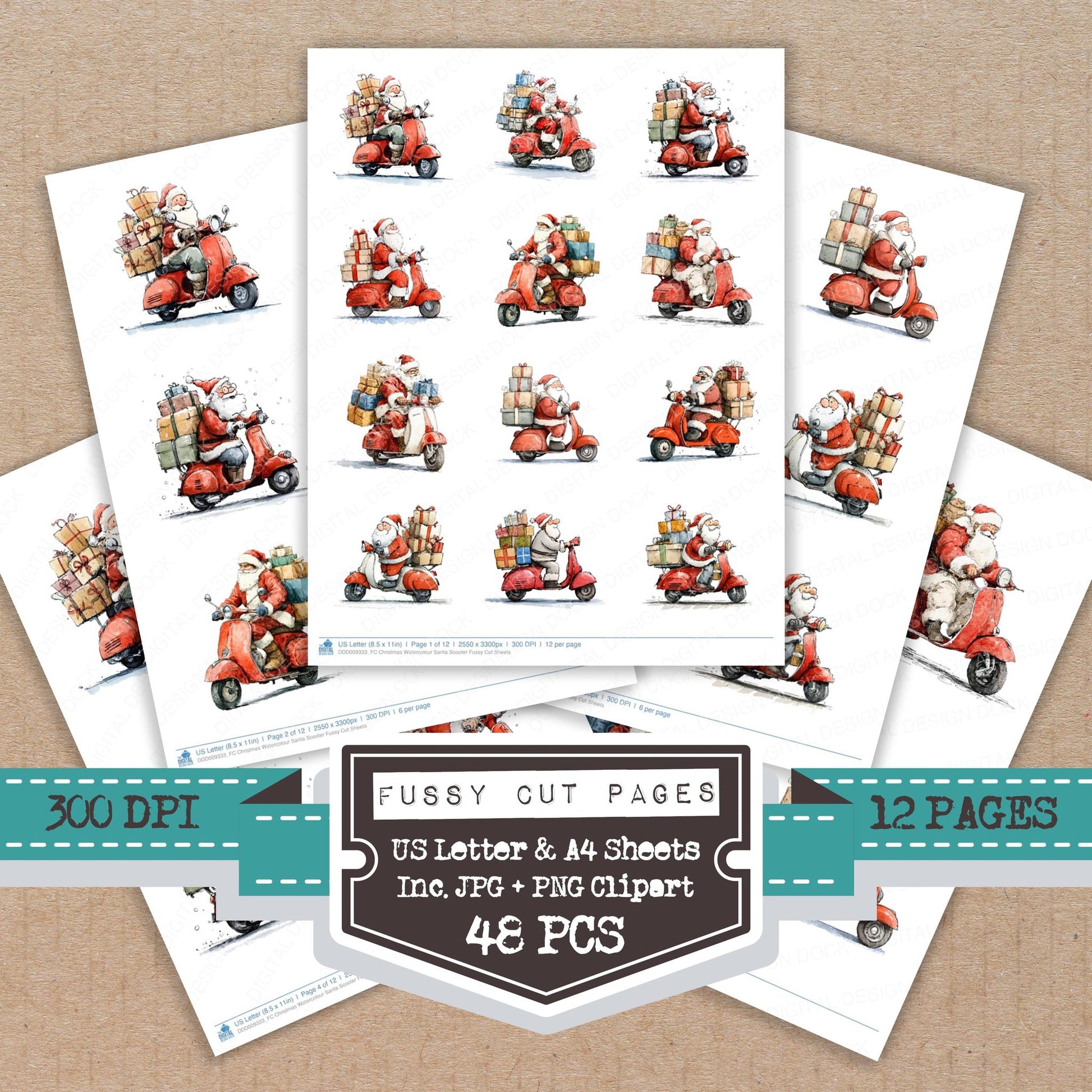 Christmas Watercolour Santa Scooter fussy cut printable sheets for junk journaling, scrapbooking, and paper craft projects