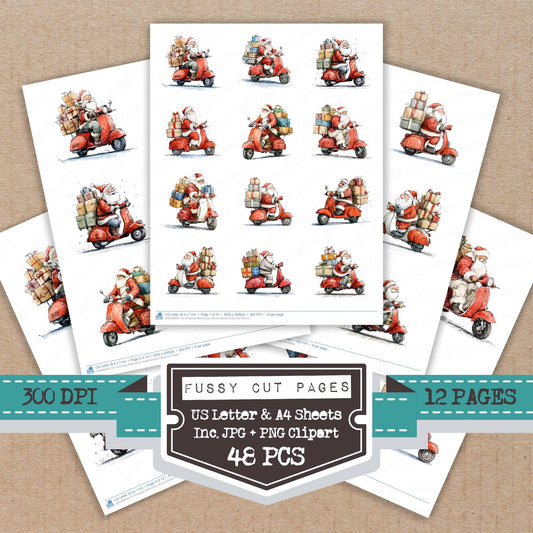 Christmas Watercolour Santa Scooter fussy cut printable sheets for junk journaling, scrapbooking, and paper craft projects