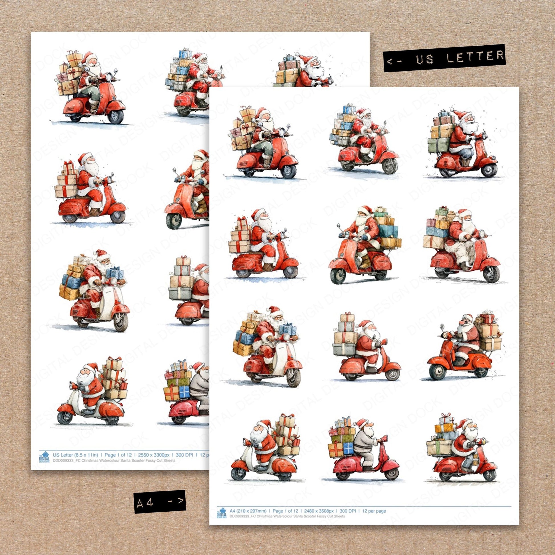 A4 and US Letter format comparison showing Christmas Watercolour Santa Scooter fussy cut pages for print and cut crafting