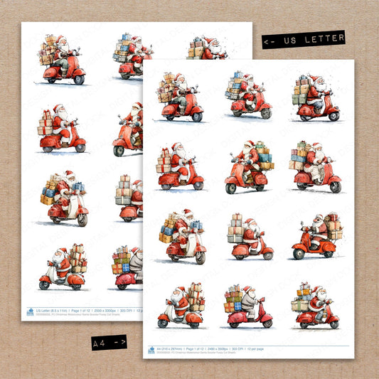 A4 and US Letter format comparison showing Christmas Watercolour Santa Scooter fussy cut pages for print and cut crafting
